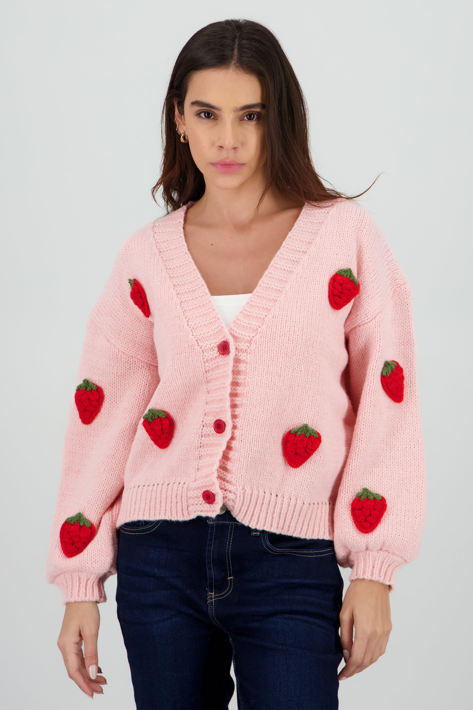 Sueter tejido con fresas 3D PALO DE ROSA