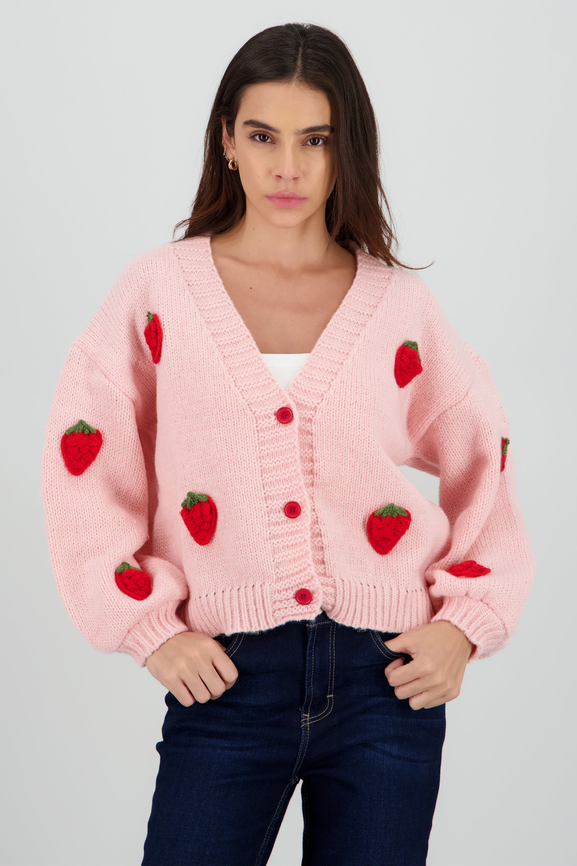 Sueter tejido con fresas 3D PALO DE ROSA