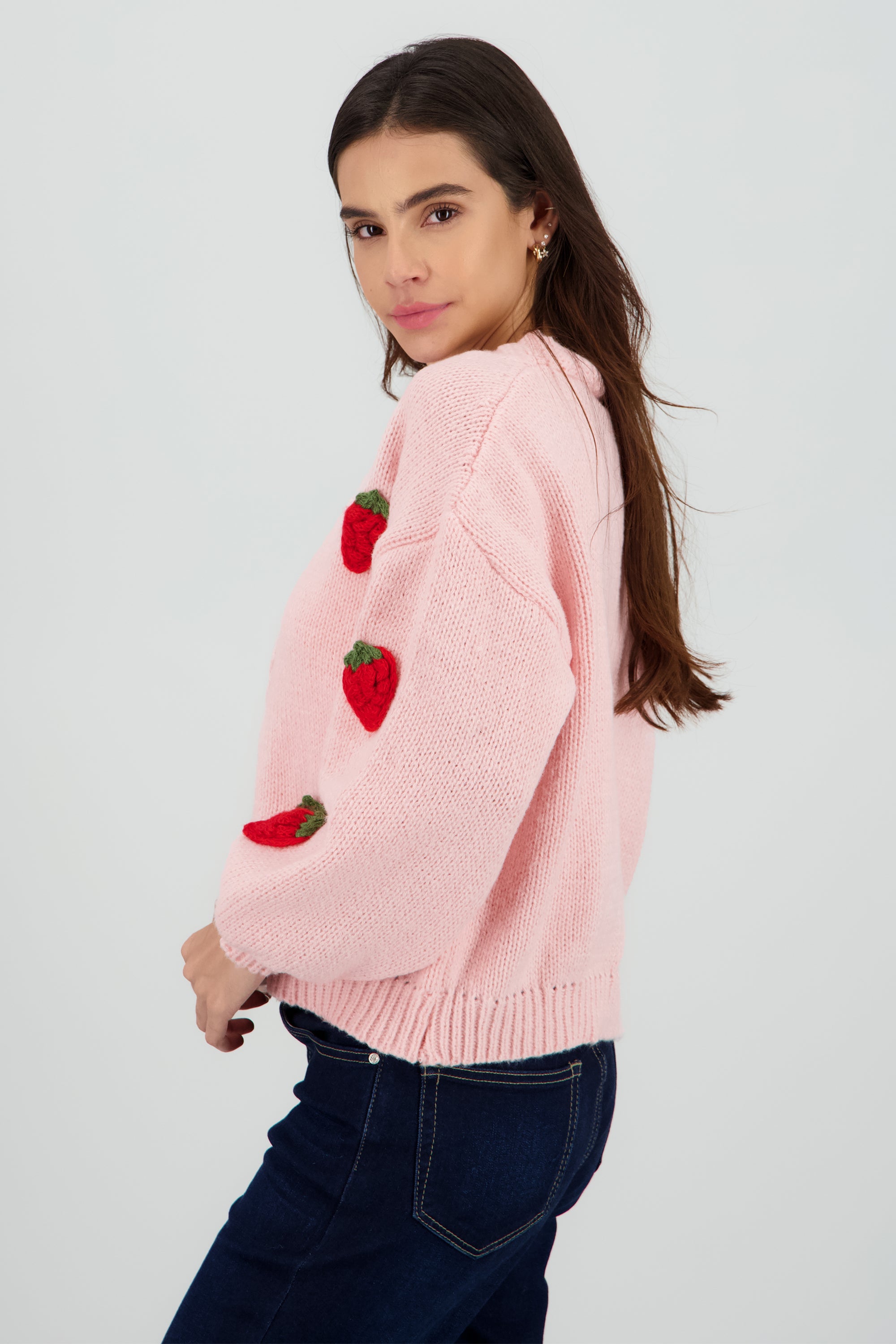 Sueter tejido con fresas 3D PALO DE ROSA