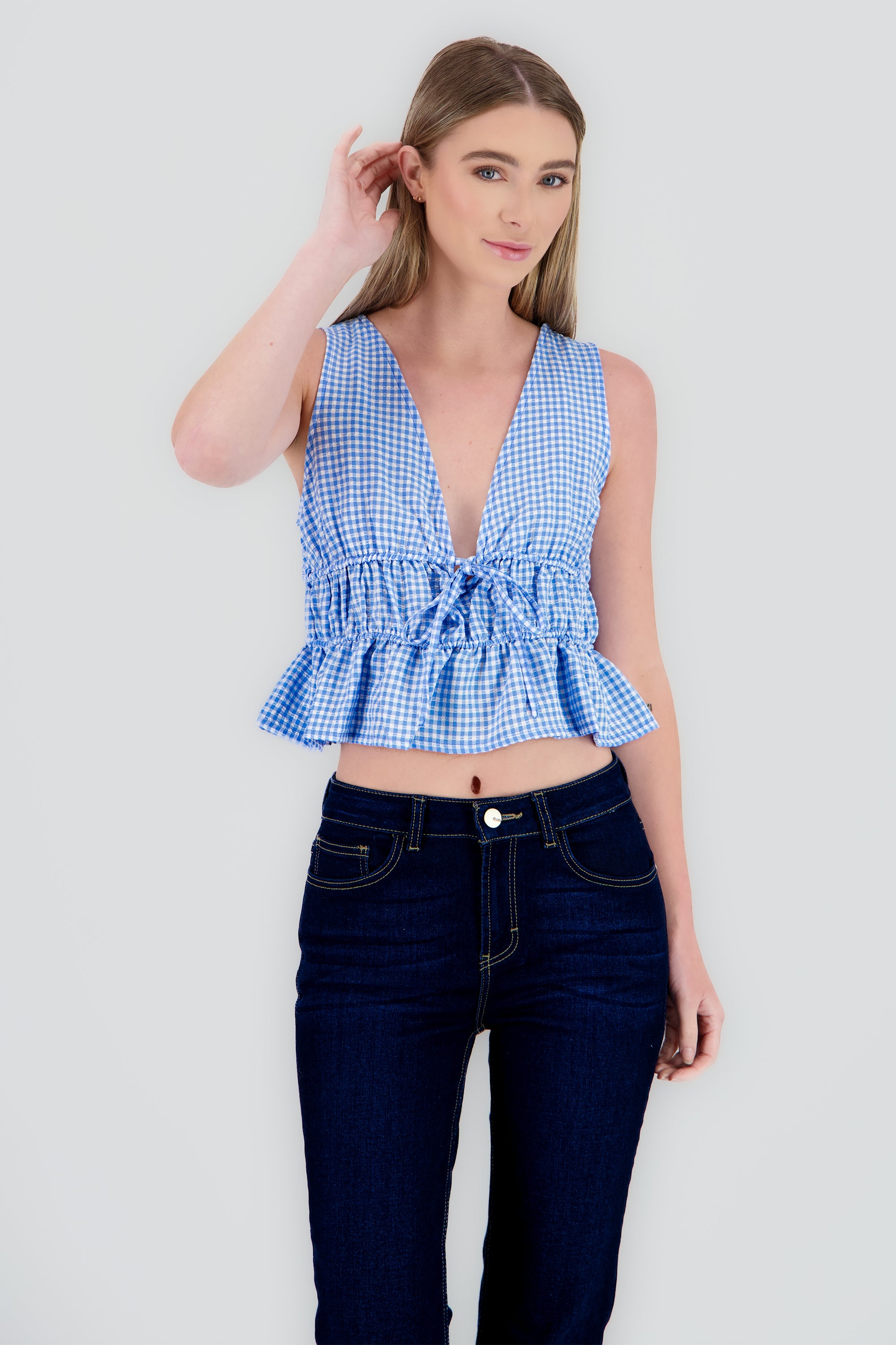 Blusa sin manga gingham AZUL COMBO