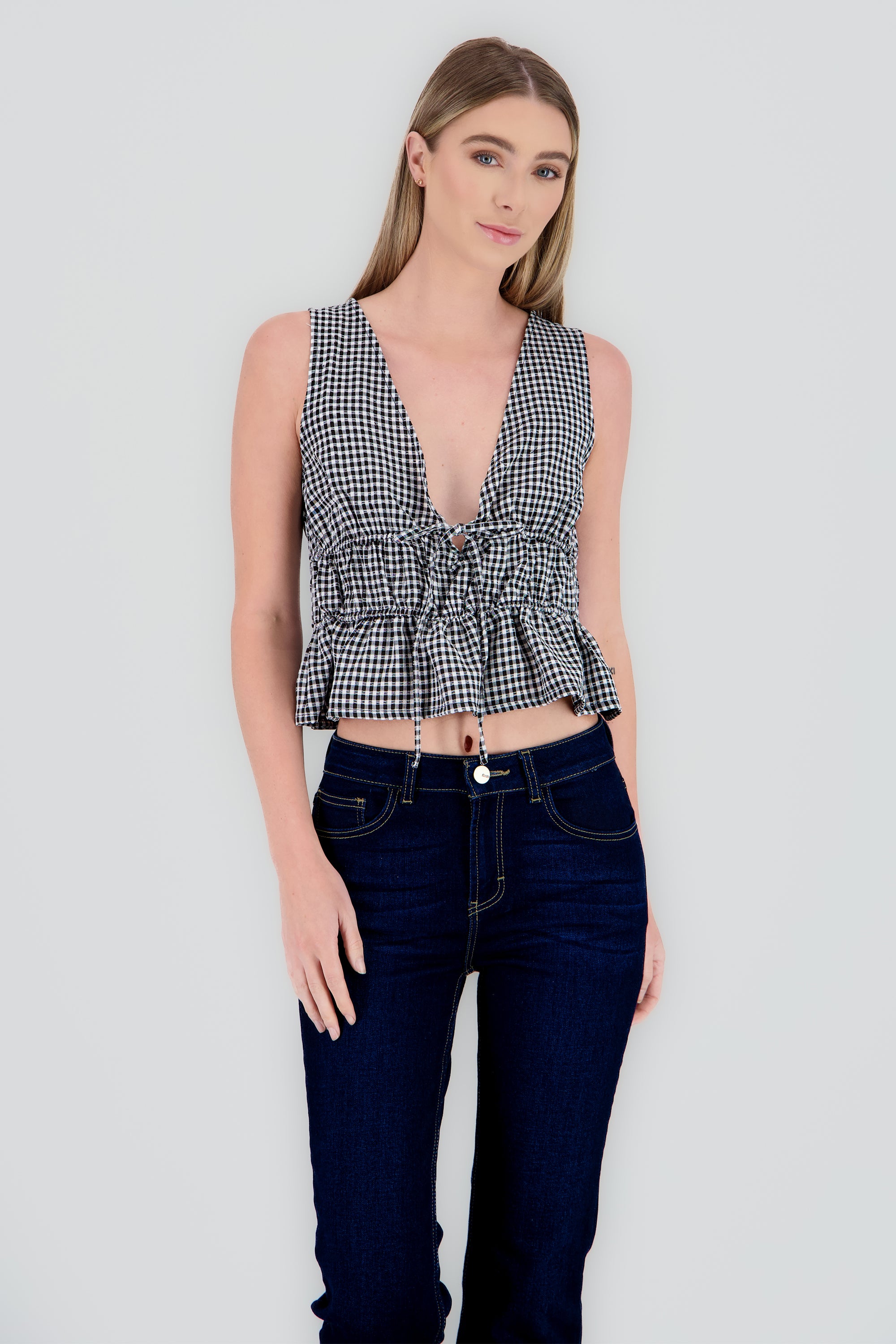 Blusa sin manga gingham NEGRO COMBO