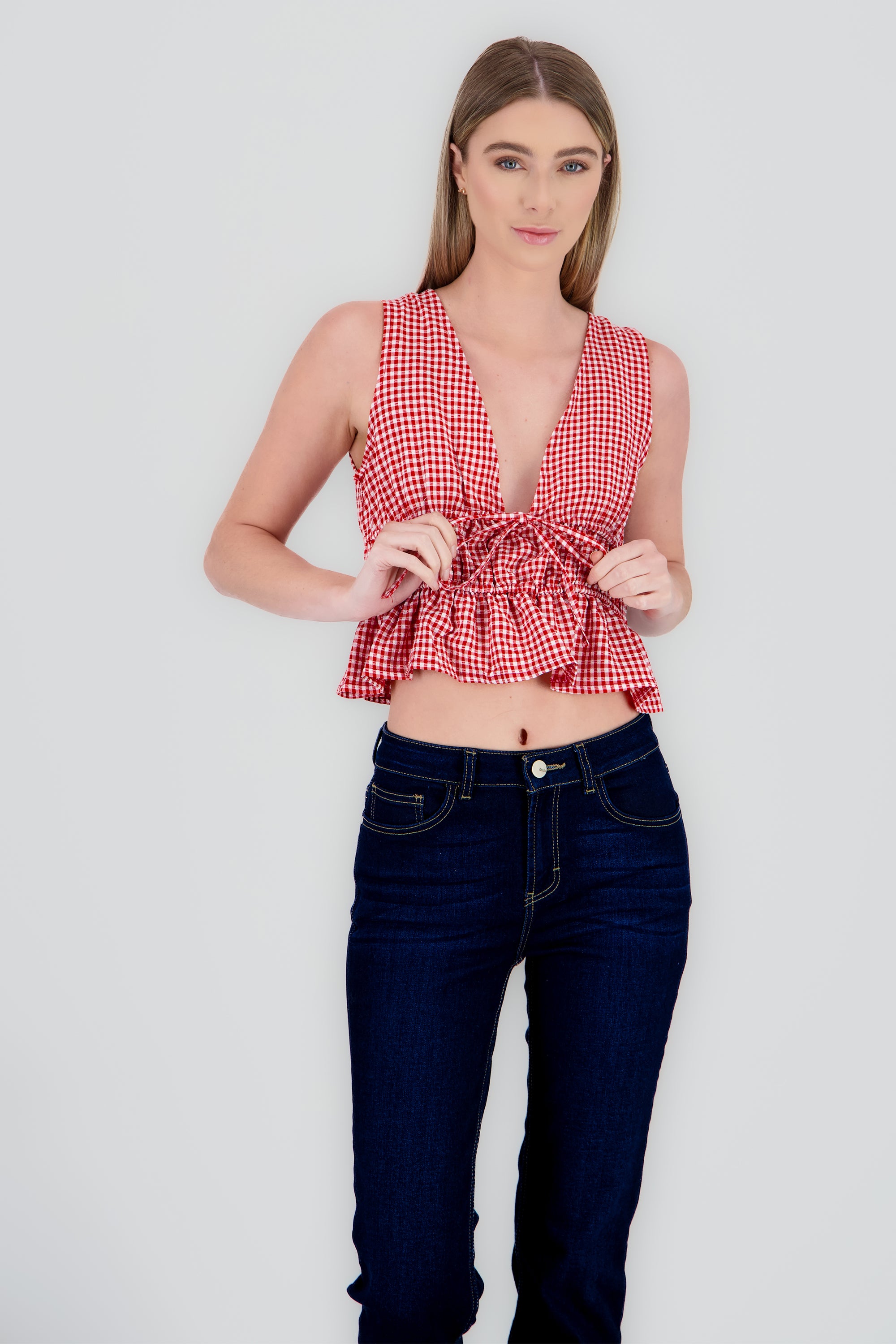 Blusa sin manga gingham ROJO COMBO