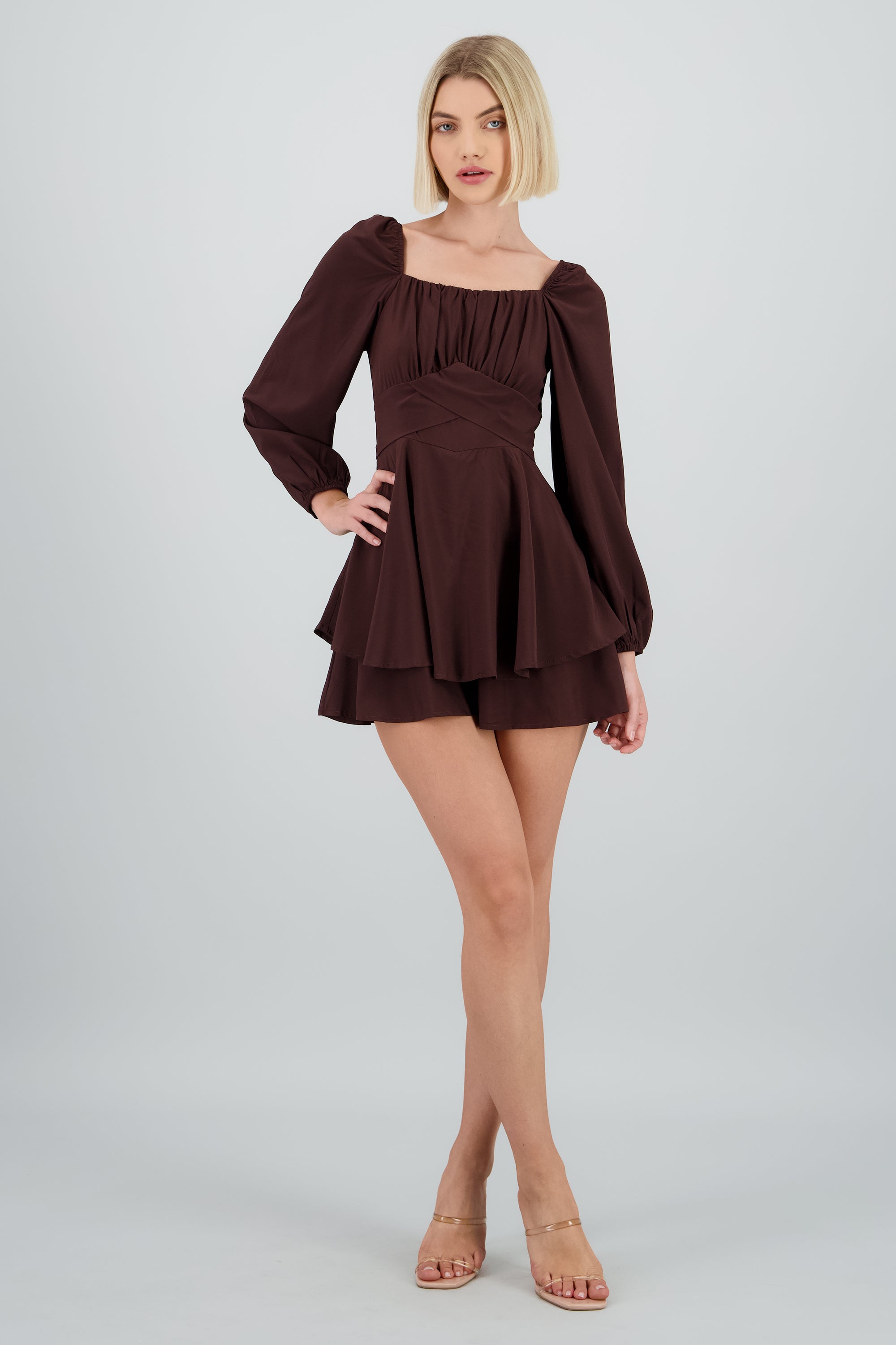 Romper liso con mangas abullonadas CHOCOLATE