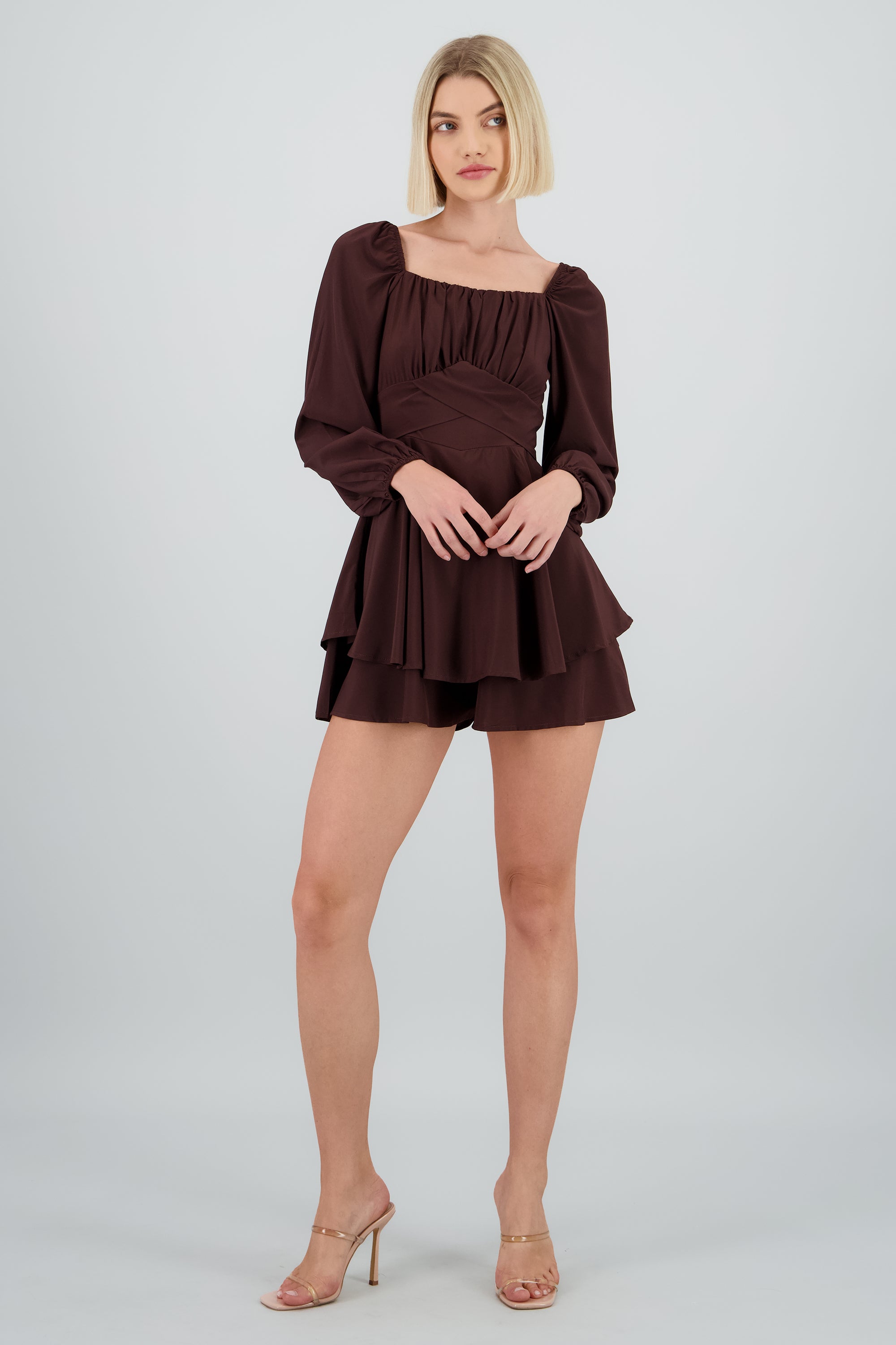 Romper liso con mangas abullonadas CHOCOLATE