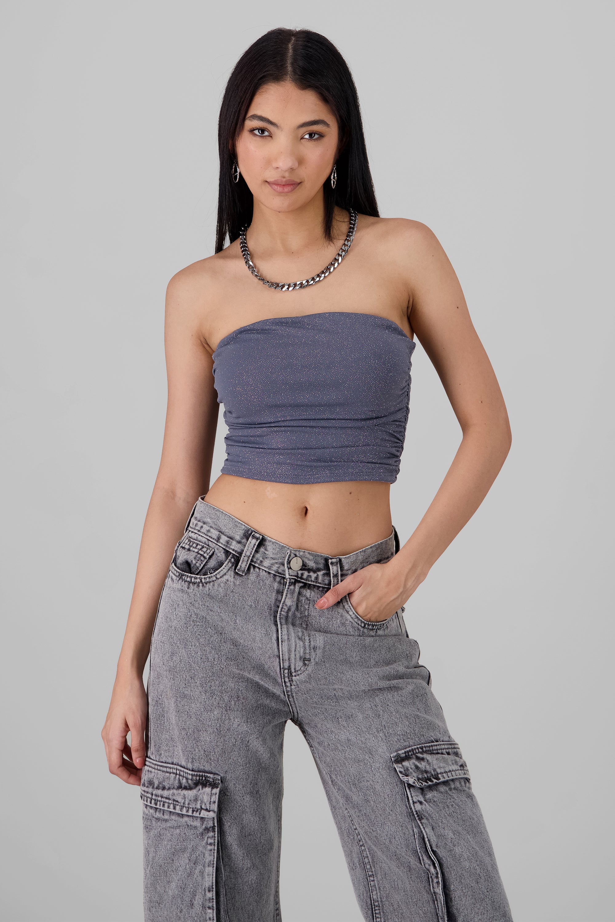 Top strapless con tela de brillos PLATA