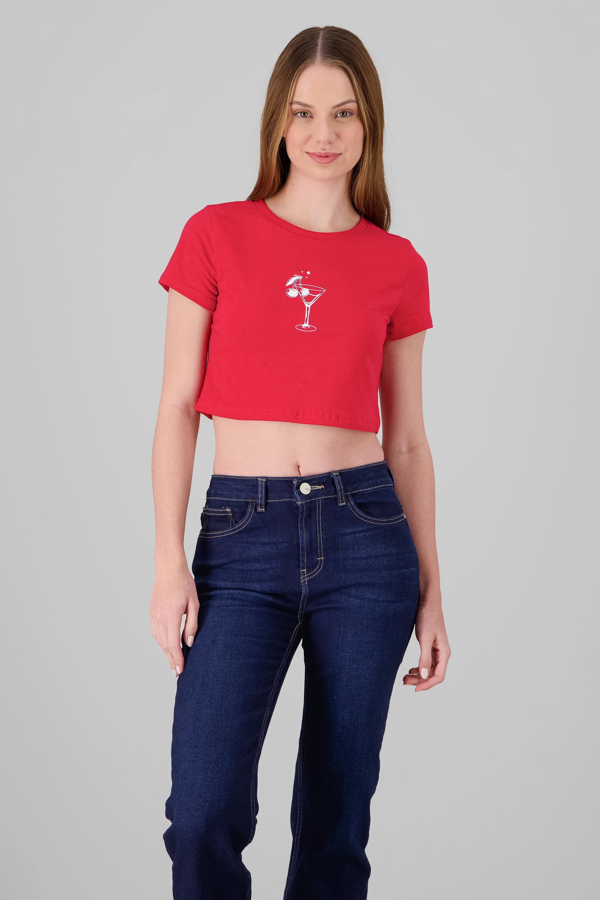 Playera crop estampado copa cerezas ROJO