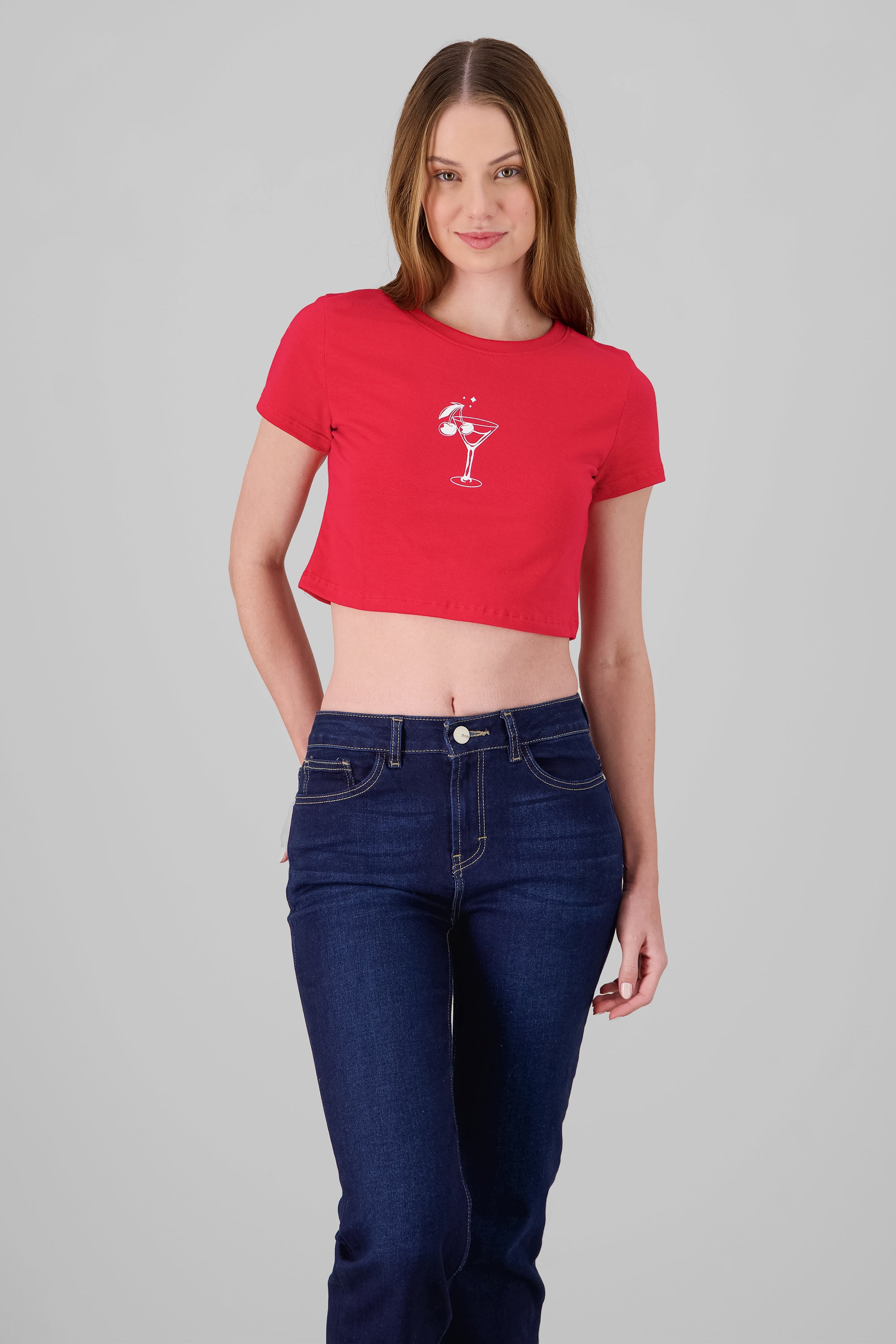 Playera crop estampado copa cerezas ROJO