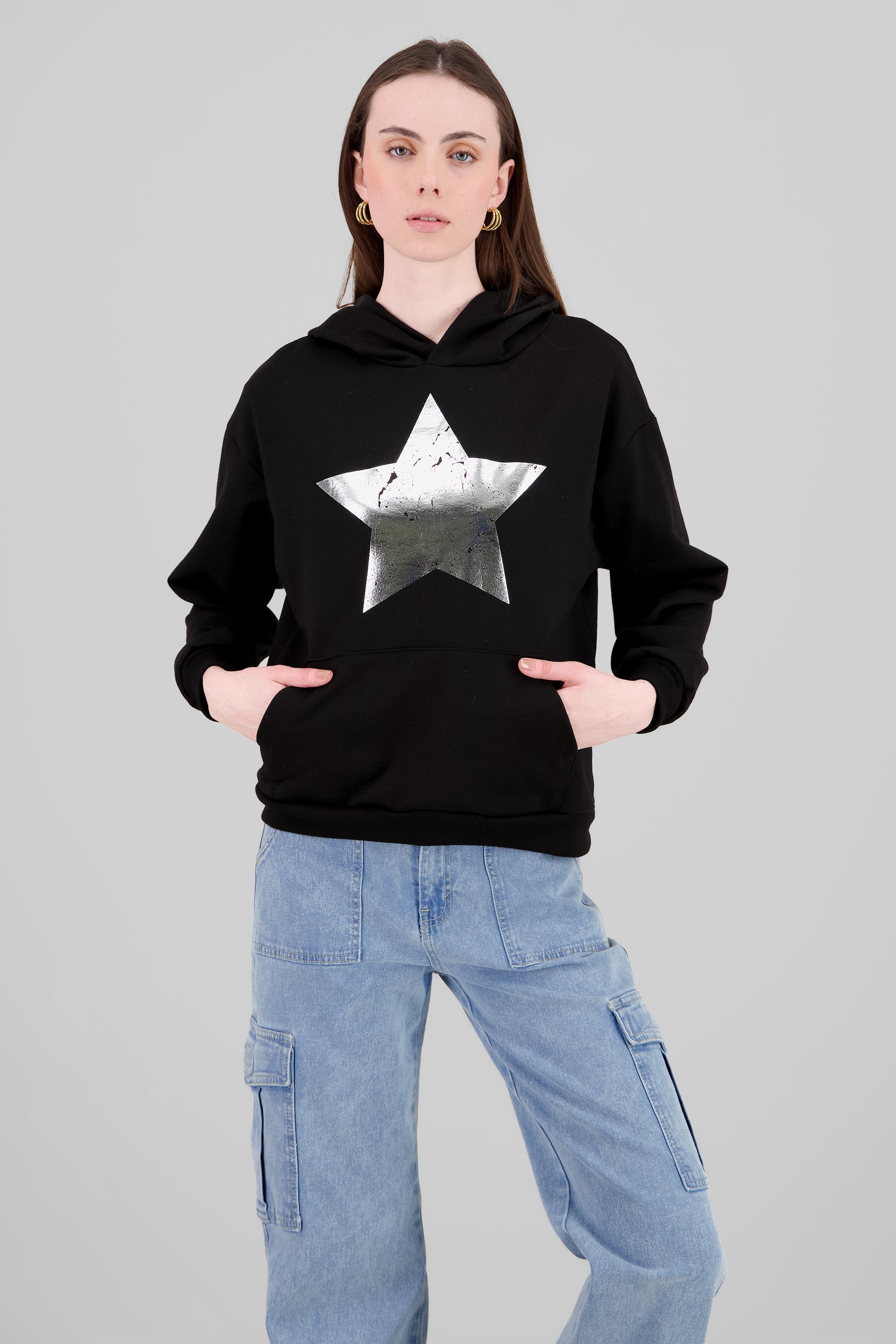 Sudadera con capucha estampado estrellas foil NEGRO