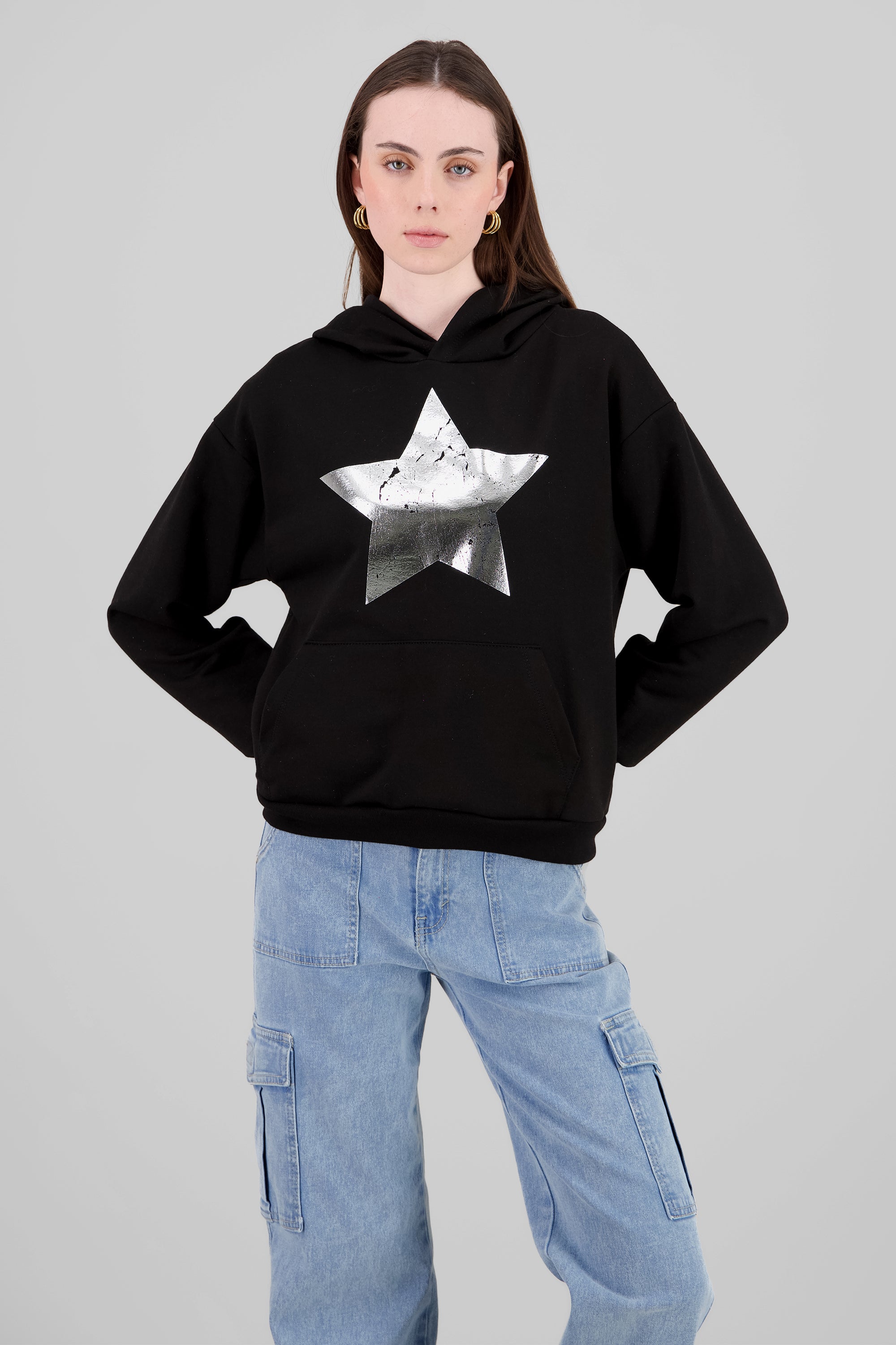 Sudadera con capucha estampado estrellas foil NEGRO