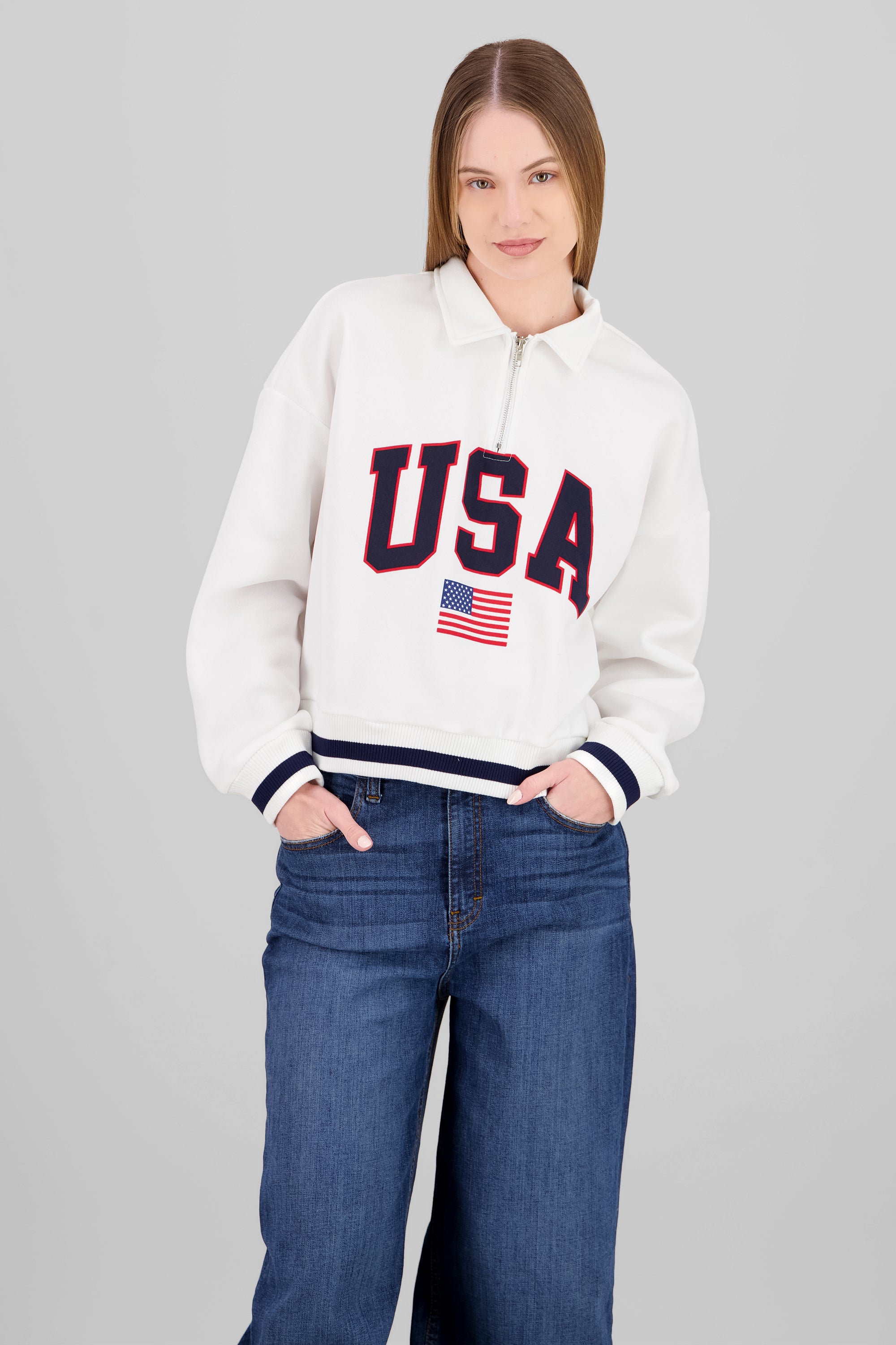 Sudadera contraste USA con cierre HUESO COMBO