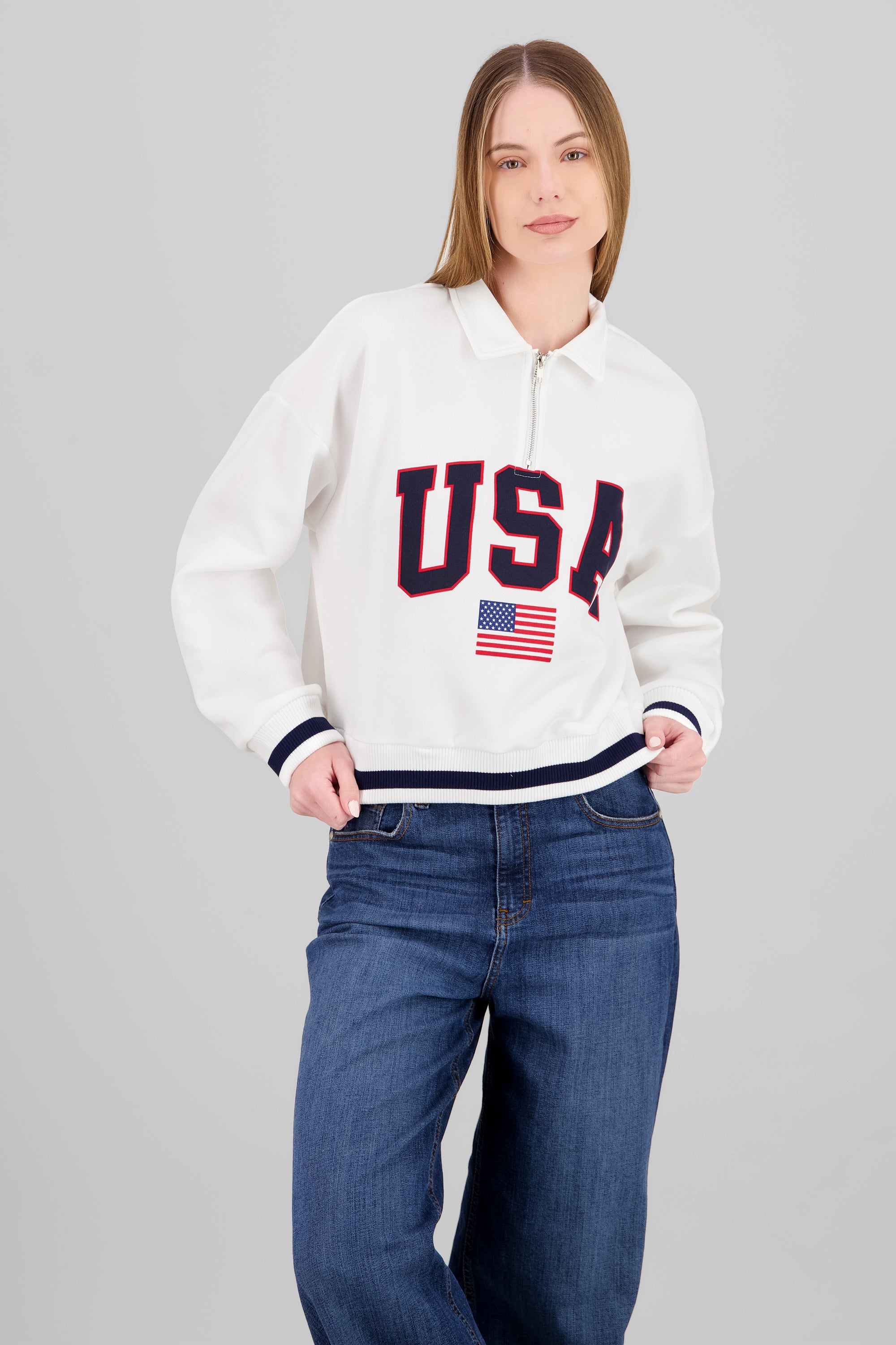 Sudadera contraste USA con cierre HUESO COMBO