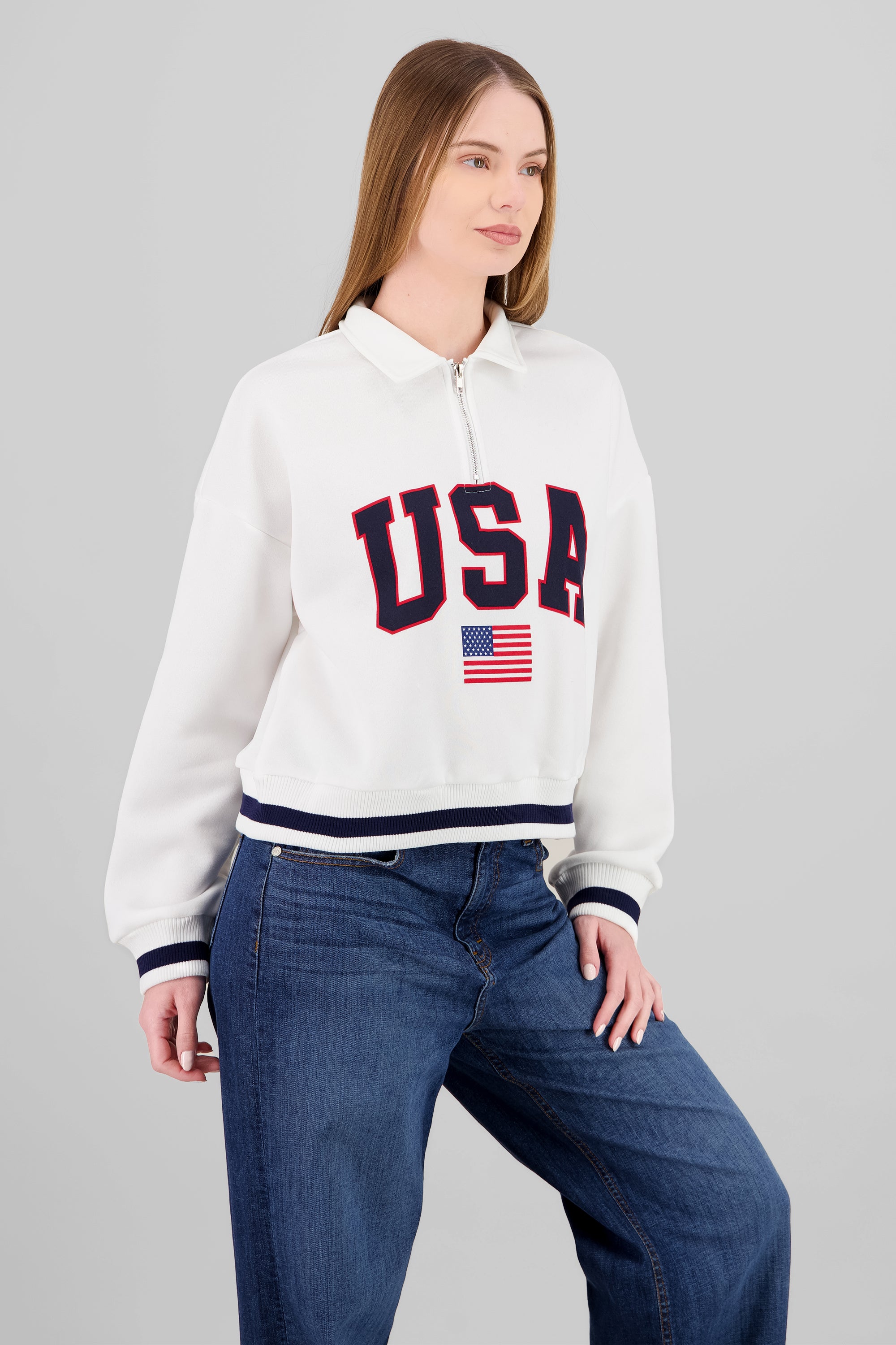 Sudadera contraste USA con cierre HUESO COMBO