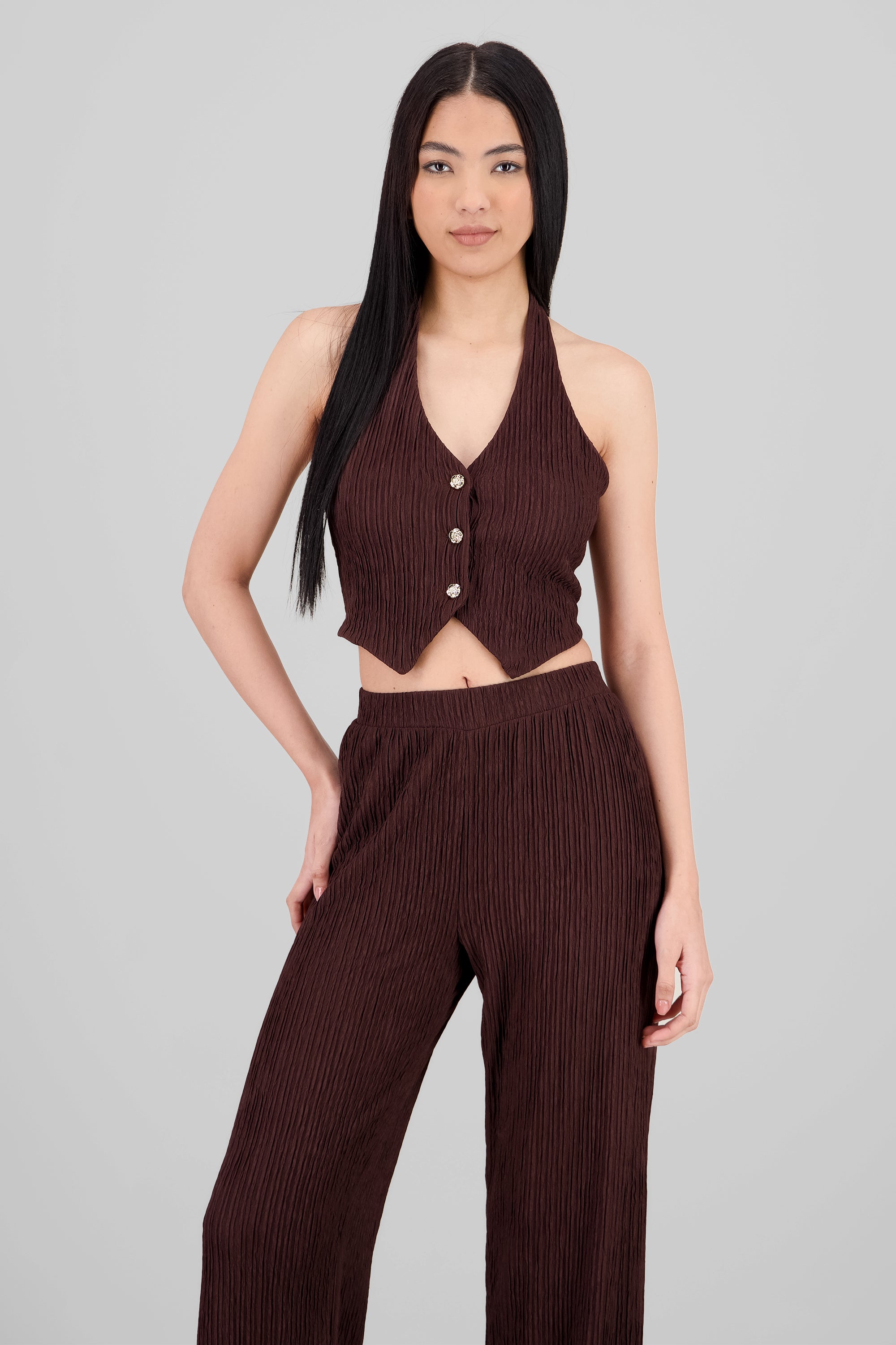 Top halter botones textura CHOCOLATE