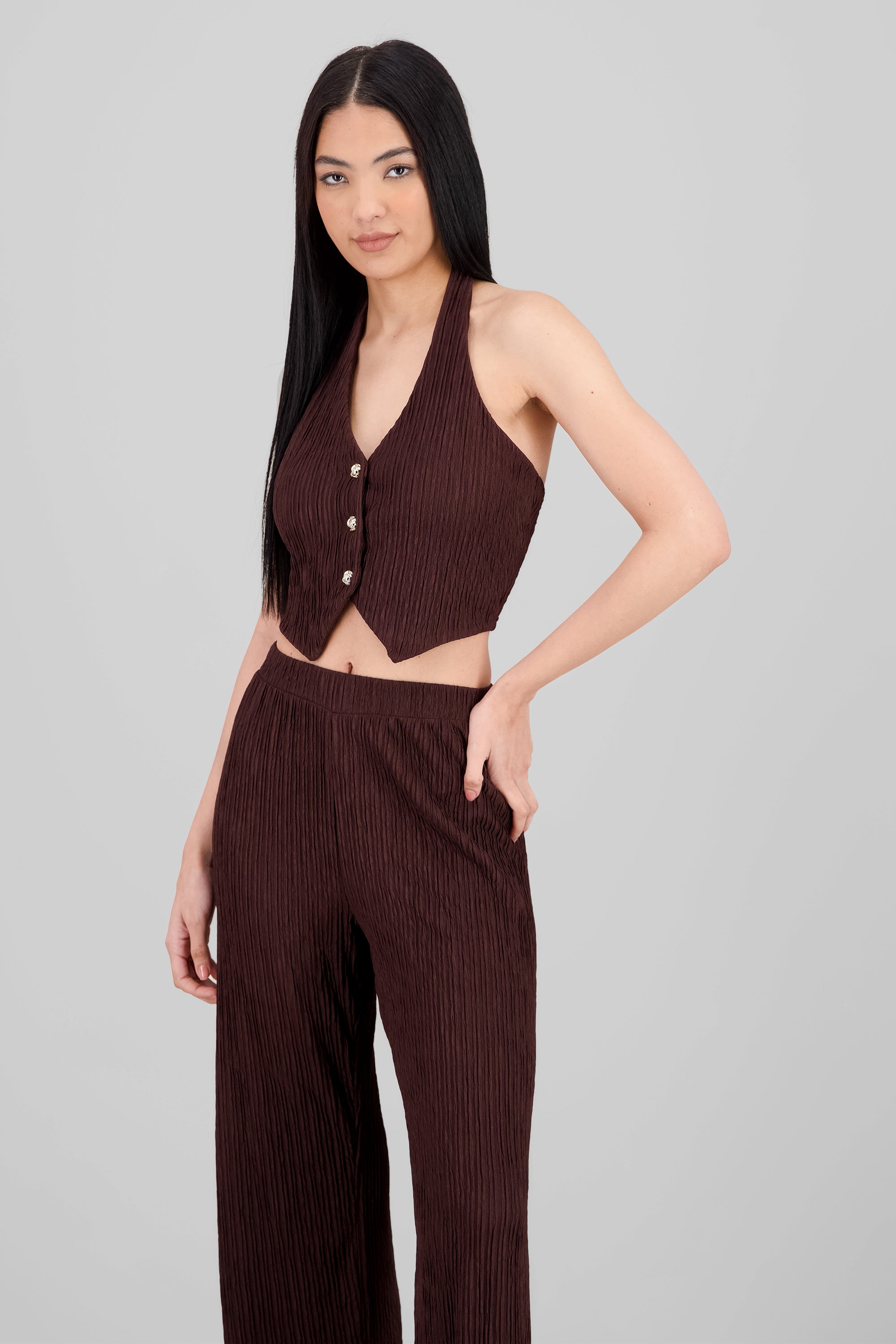 Top halter botones textura CHOCOLATE