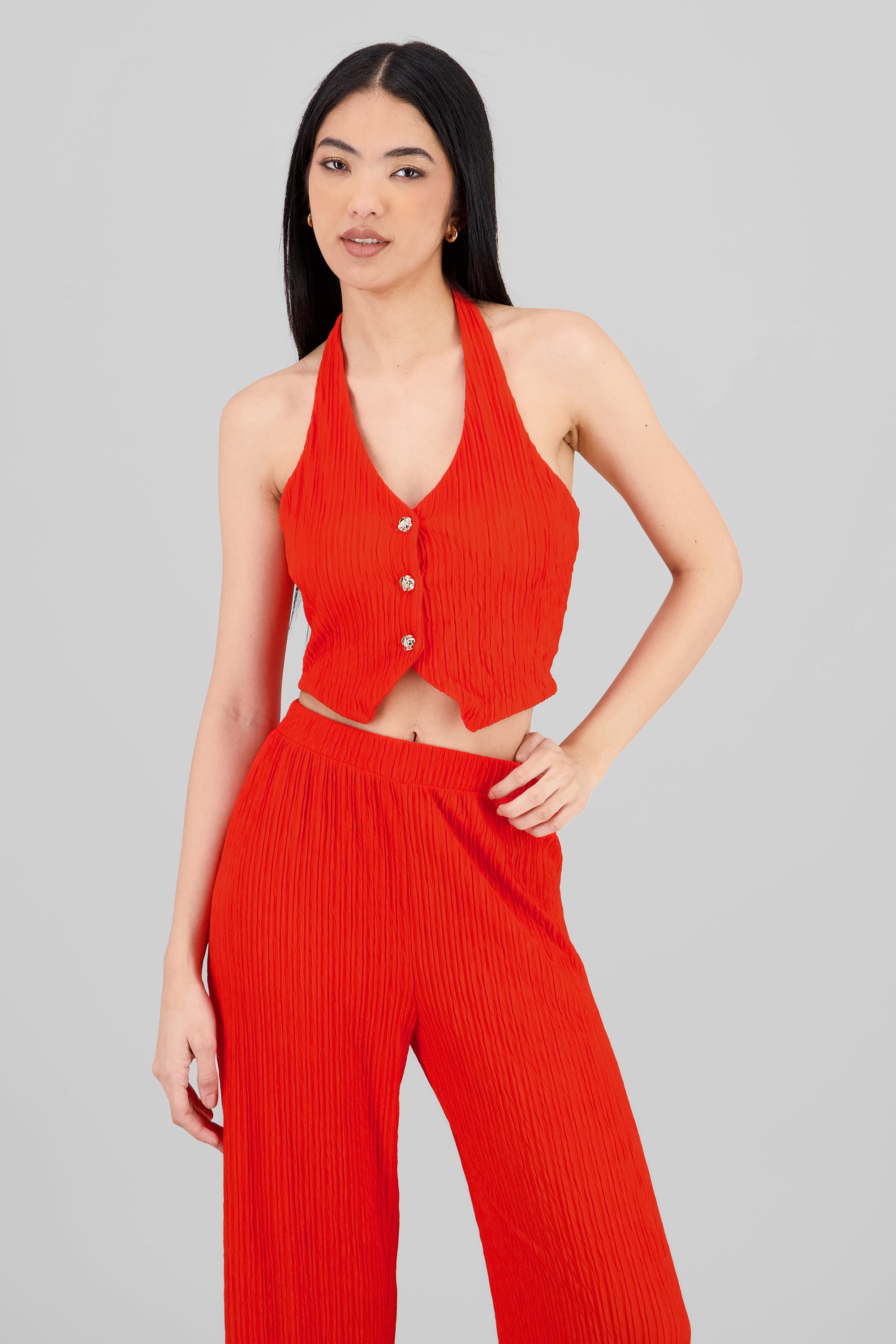 Top halter botones textura ROJO TOMATE