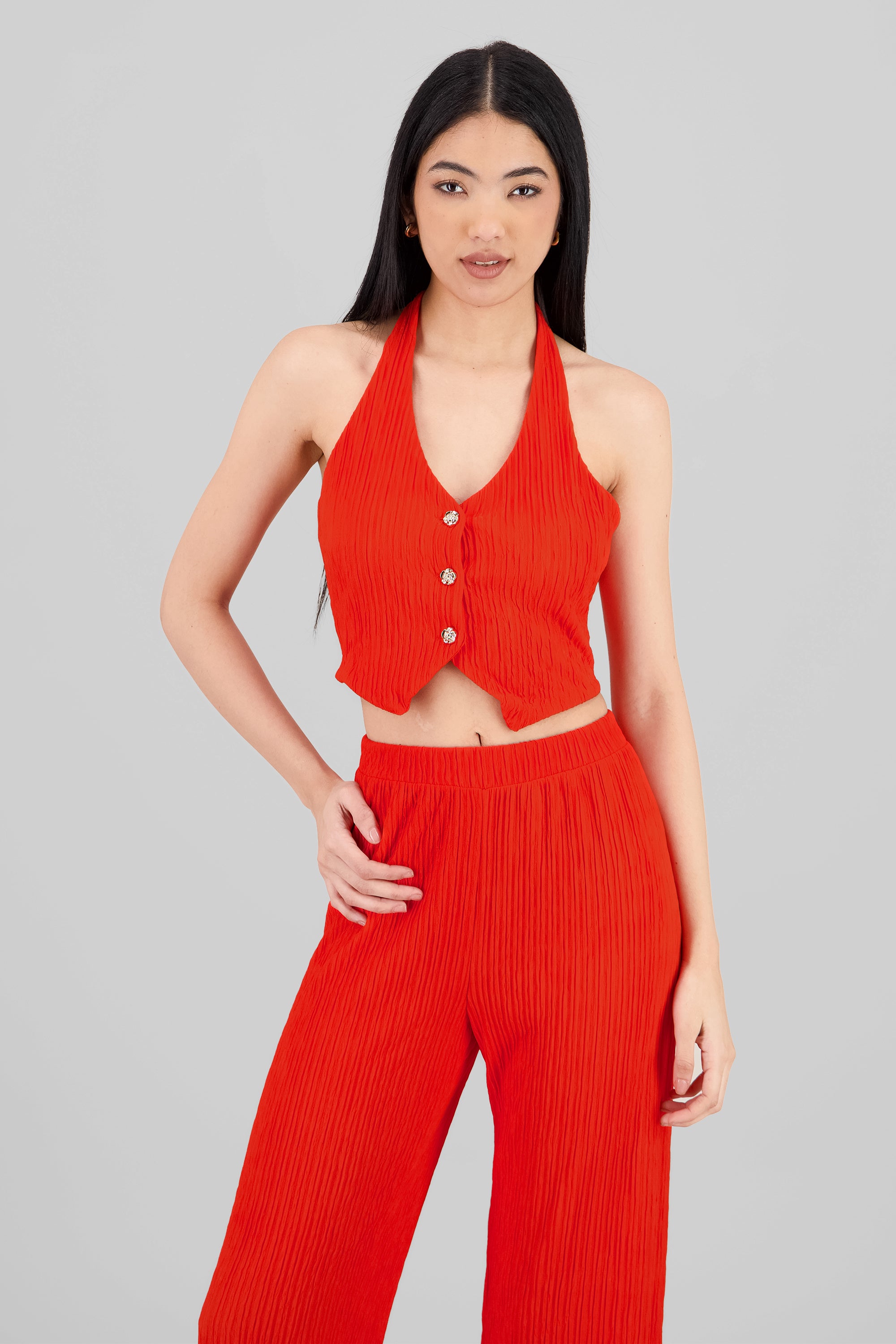 Top halter botones textura ROJO TOMATE