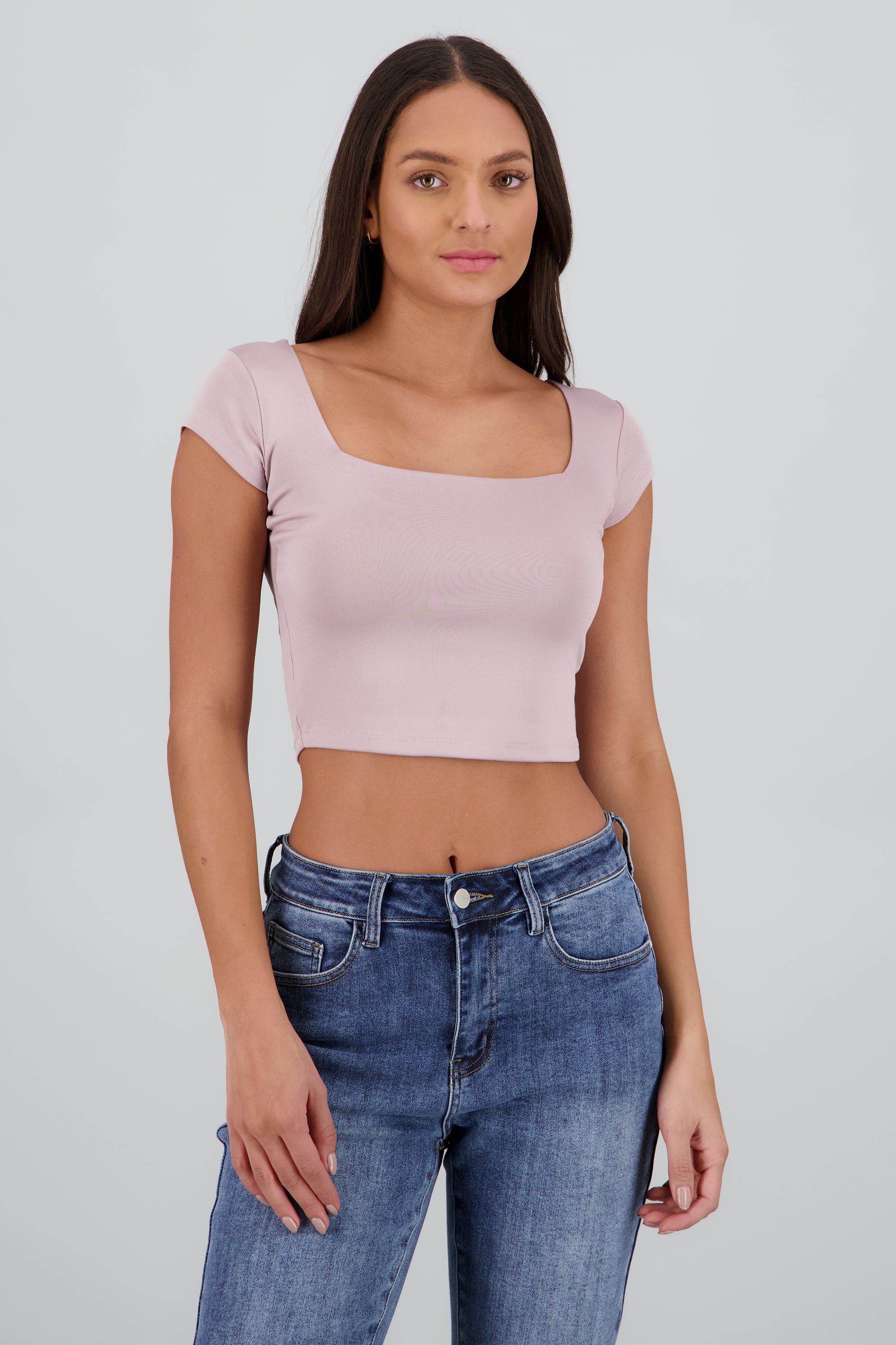Top liso escote cuadrado manga corta PALO DE ROSA