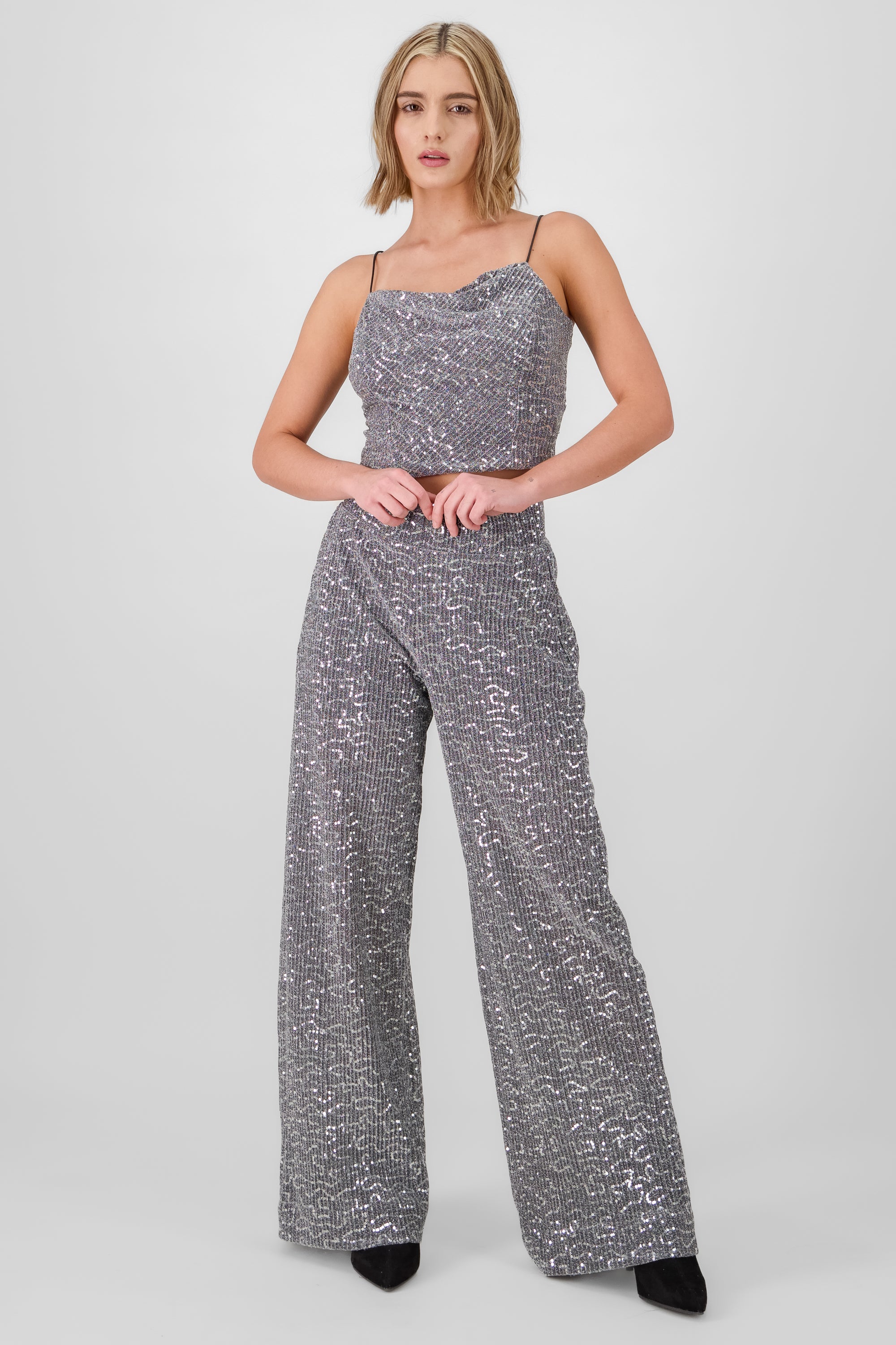 PANTALON WIDE LEG BRILLOS PLATA