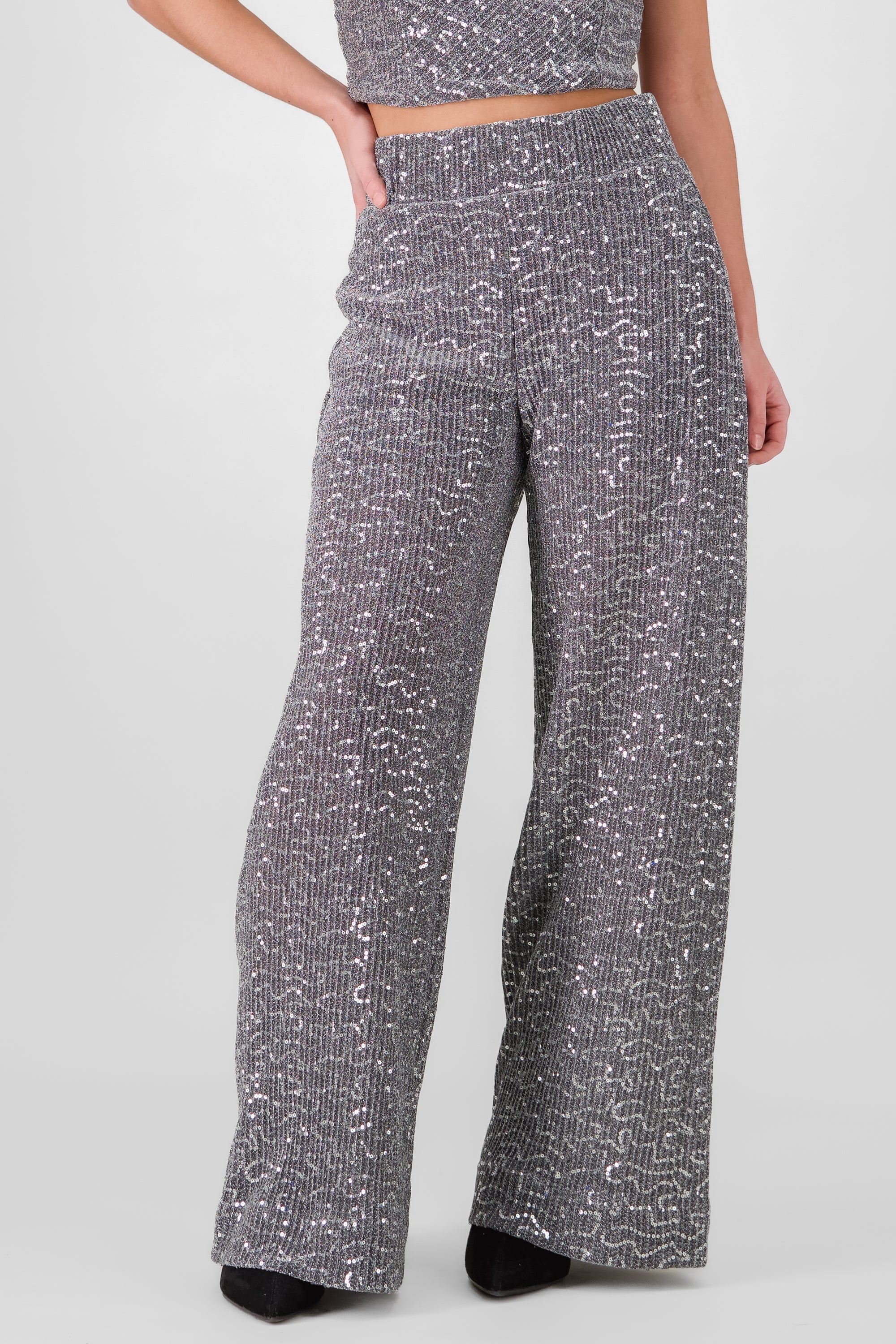 PANTALON WIDE LEG BRILLOS PLATA