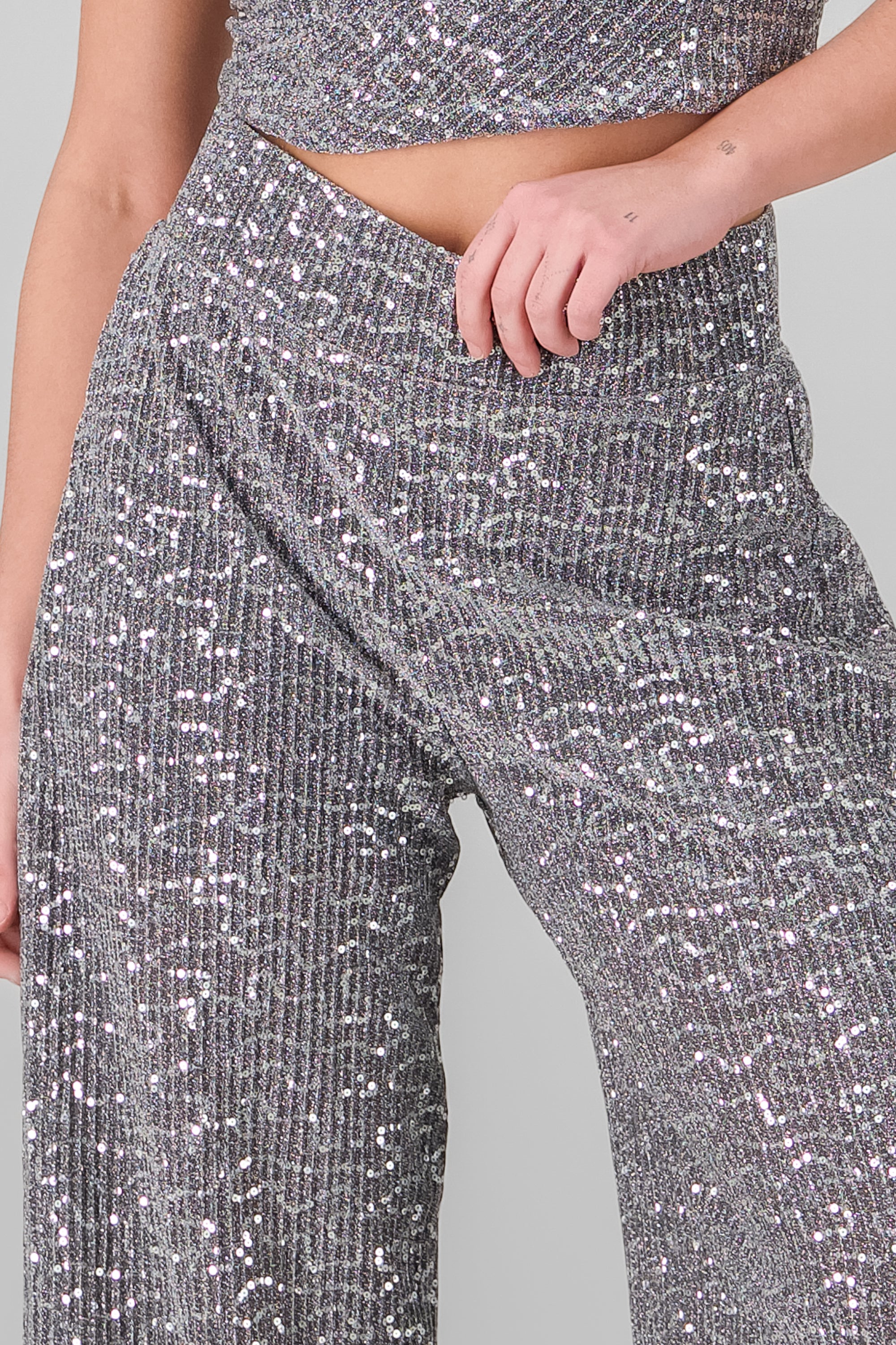 PANTALON WIDE LEG BRILLOS PLATA