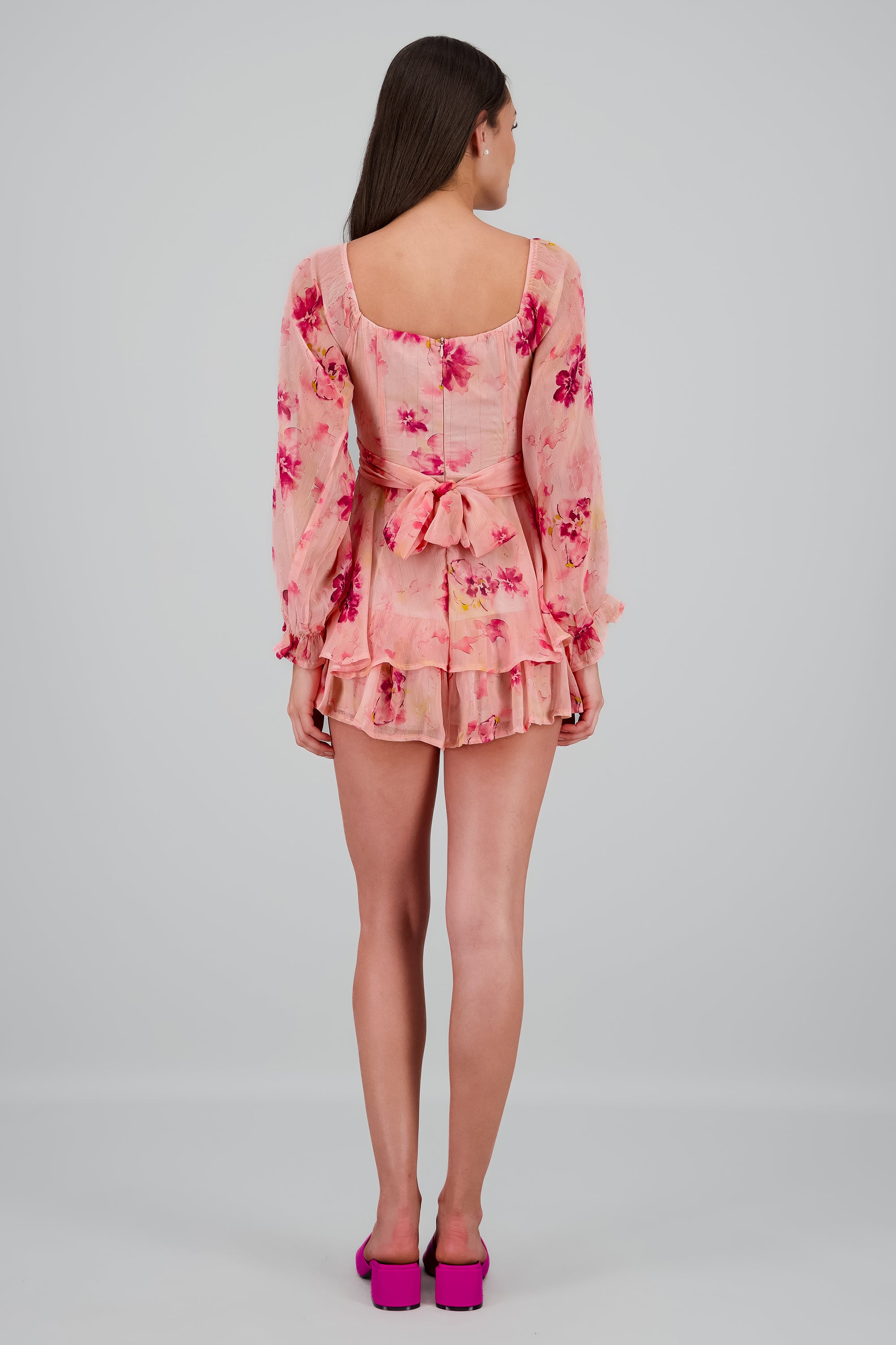 Vestido de flores de manga larga con olanes ROSA COMBO