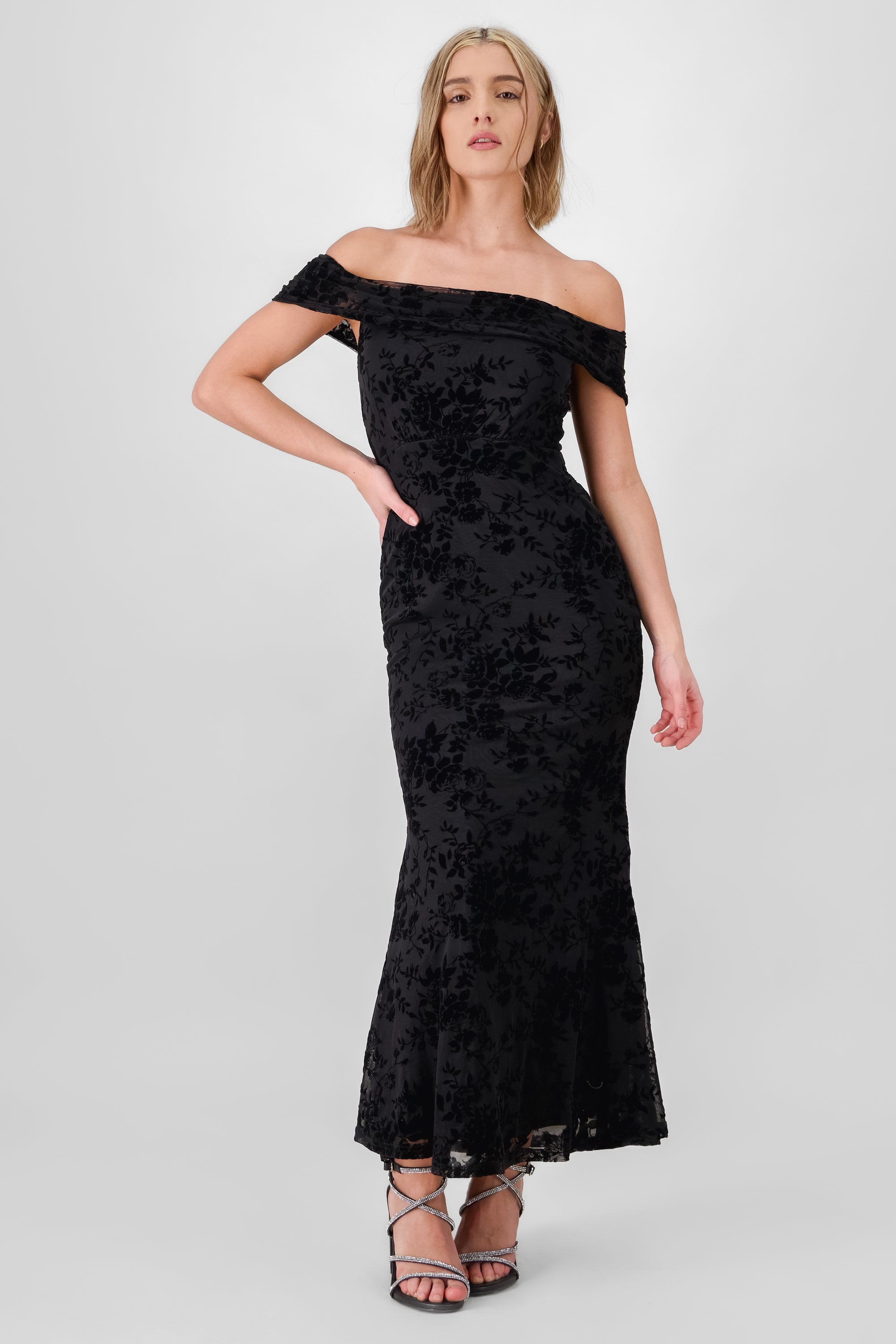 Vestido off shoulder flock NEGRO