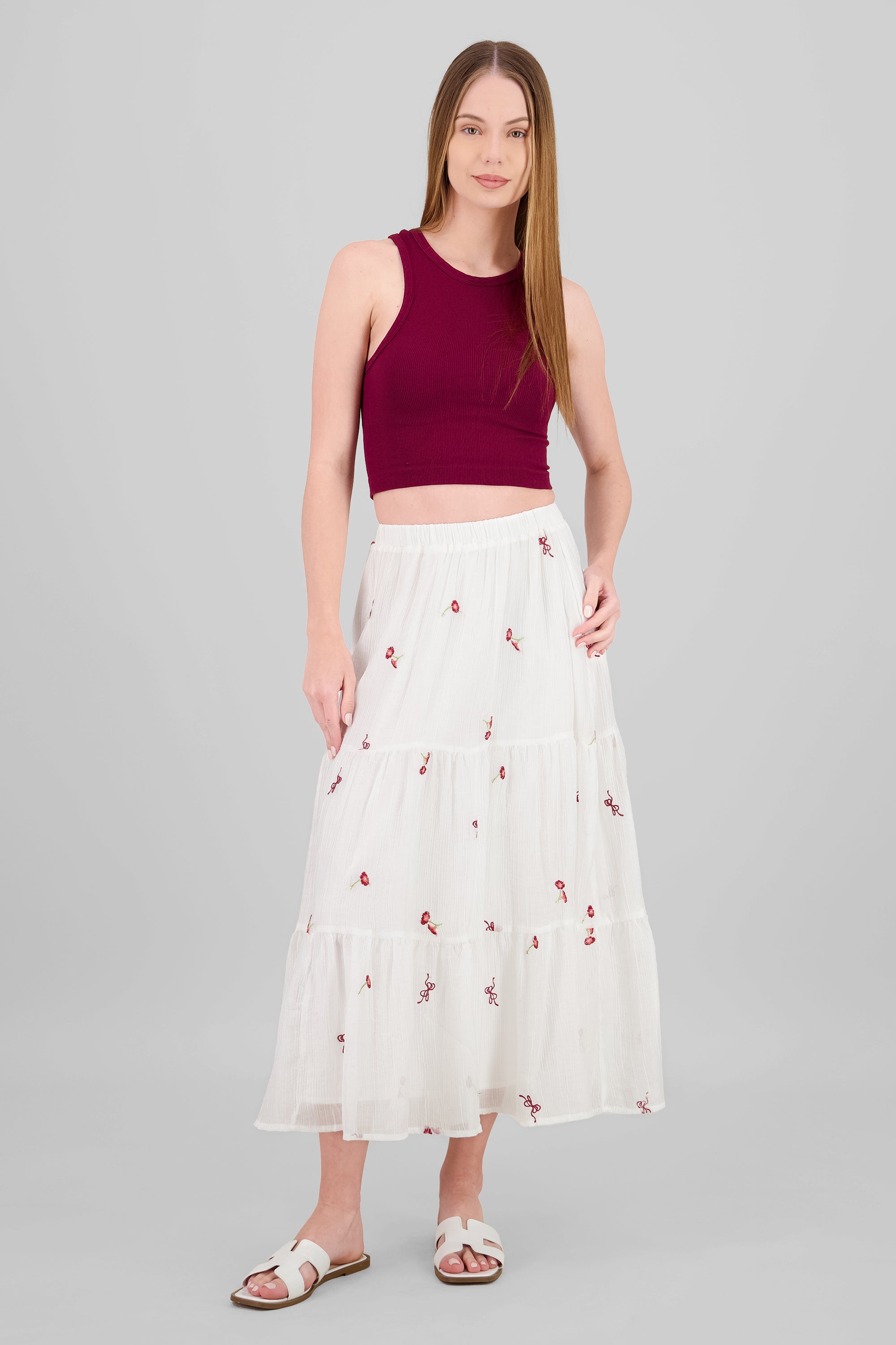 Falda midi bordado flores BLANCO