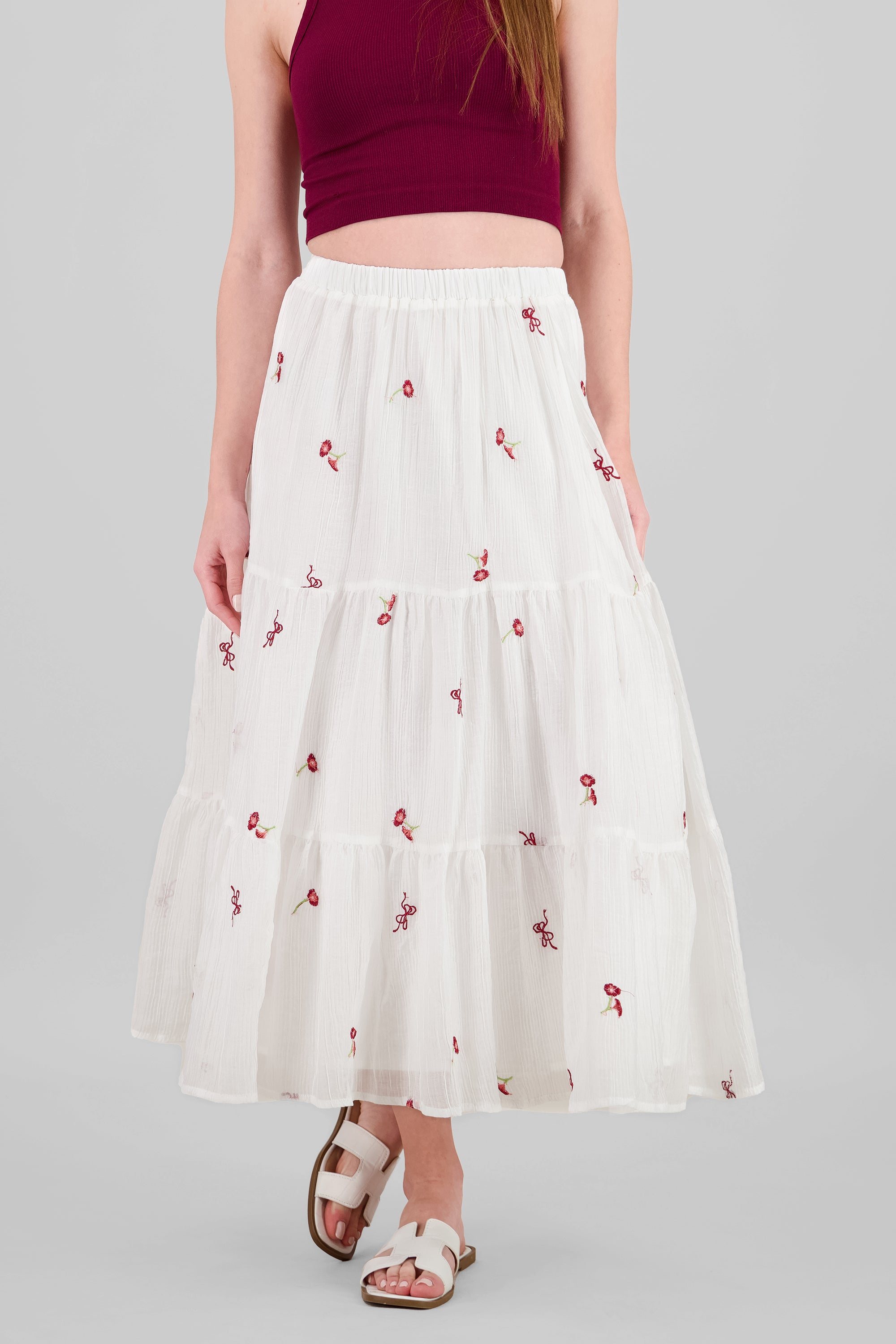 Falda midi bordado flores BLANCO