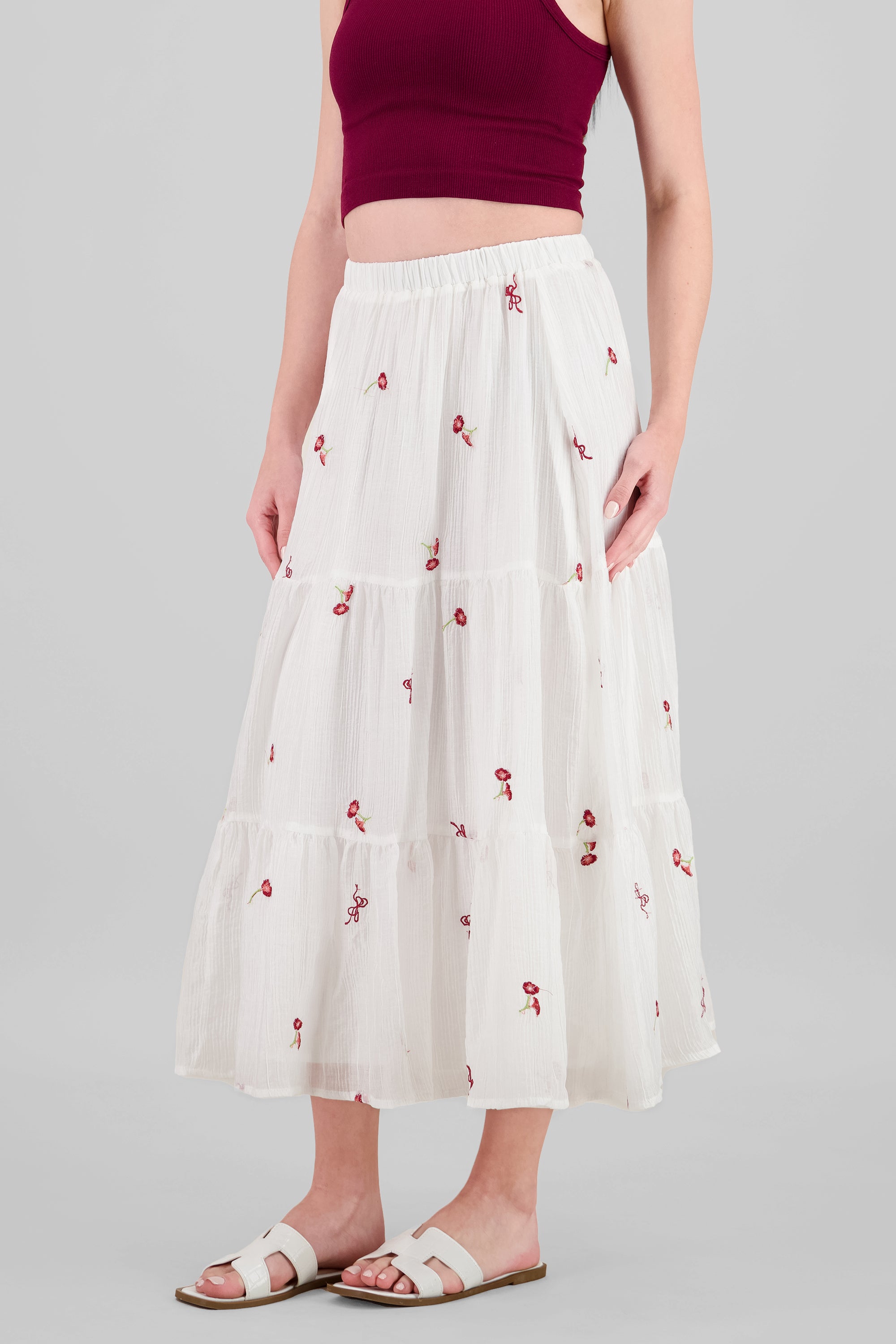 Falda midi bordado flores BLANCO