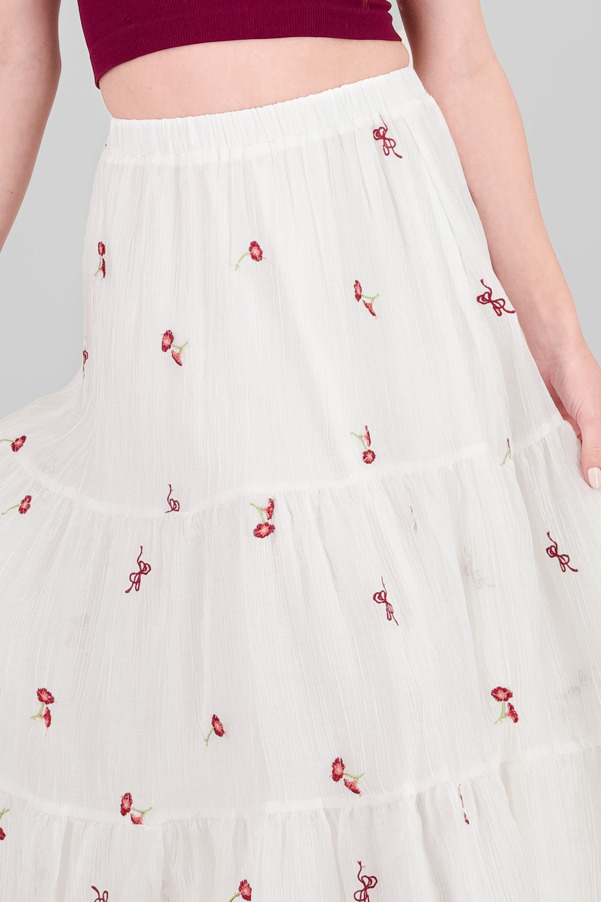 Falda midi bordado flores BLANCO