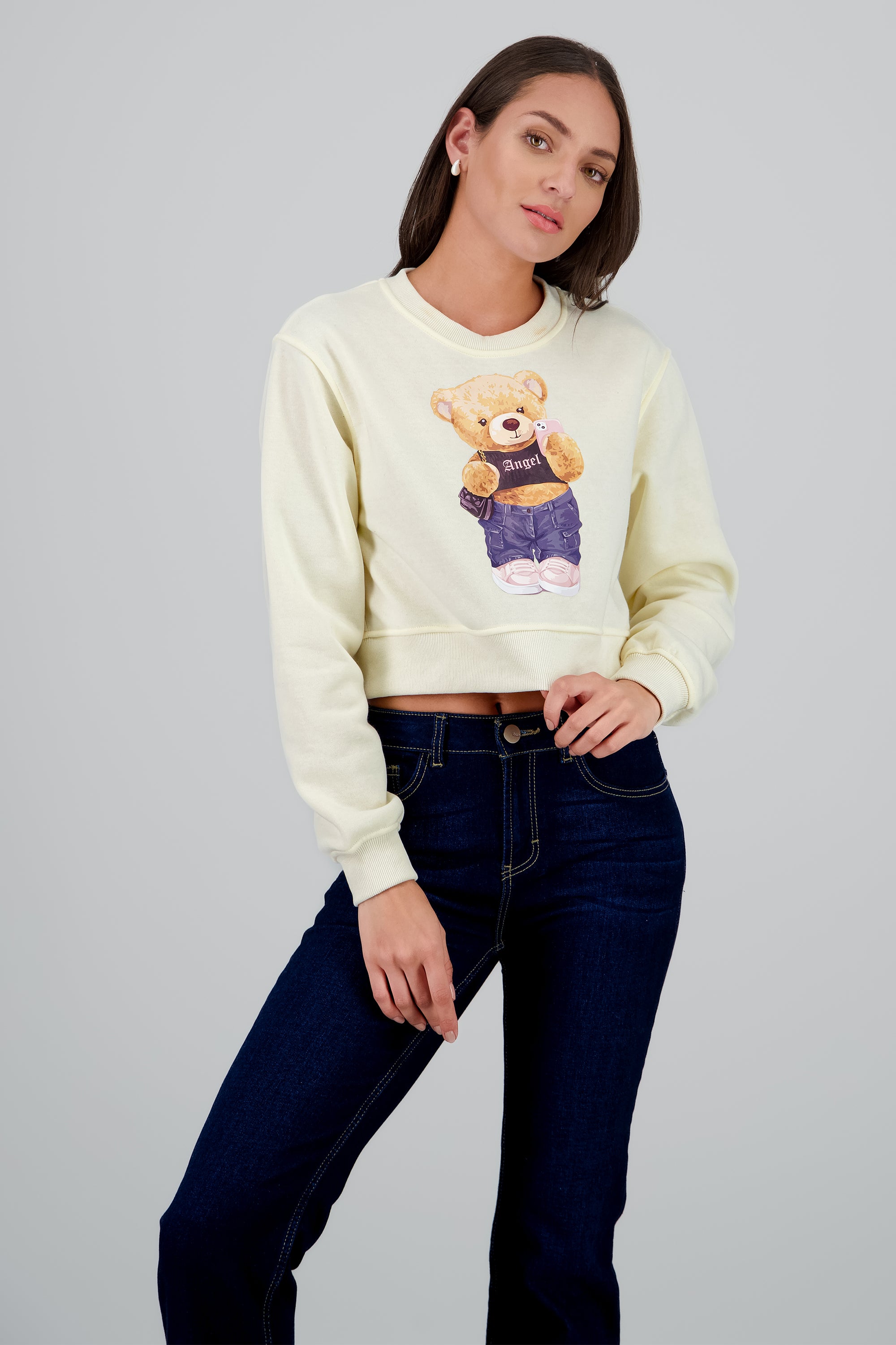 Sudadera crop estampado oso CREMA