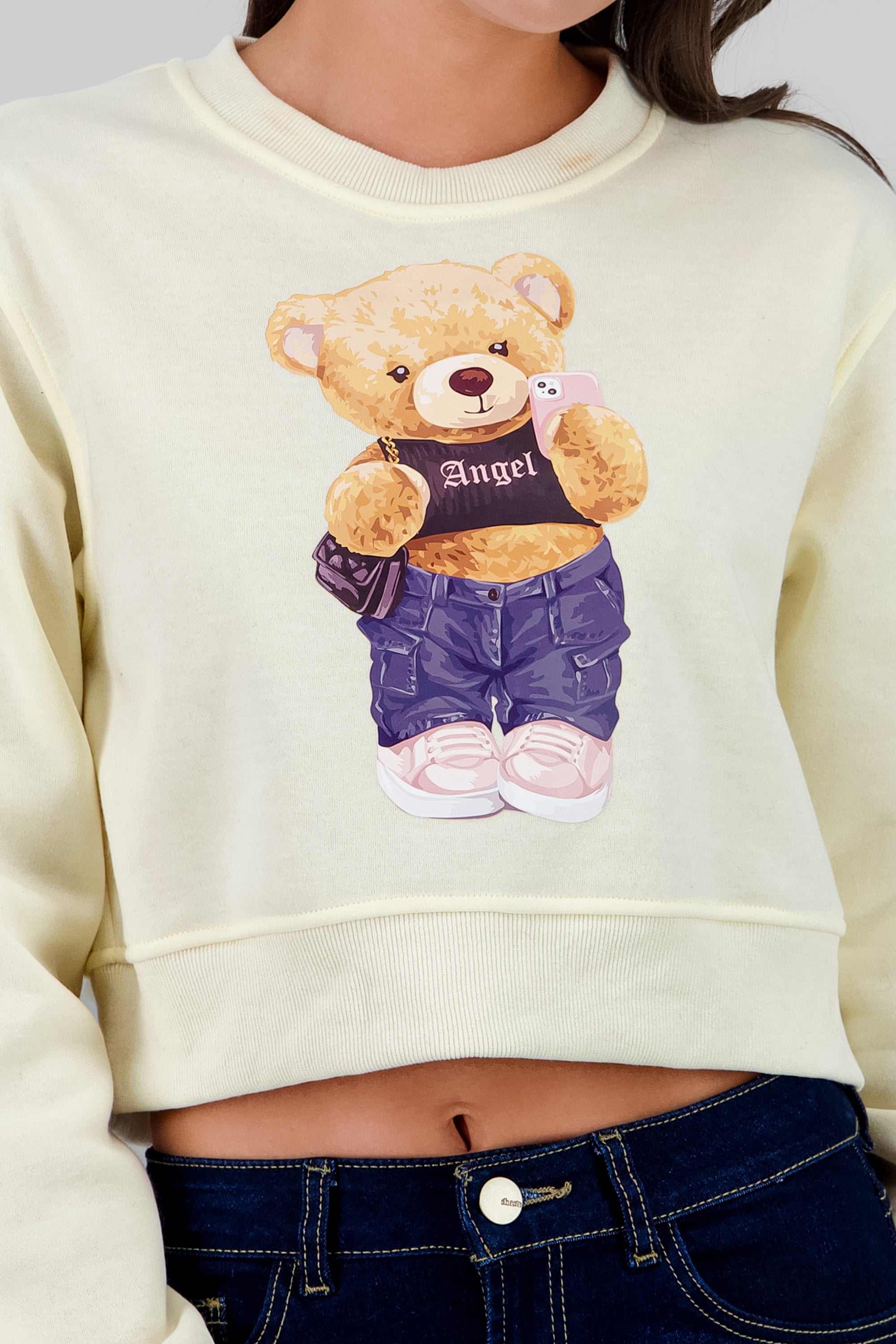 Sudadera crop estampado oso CREMA