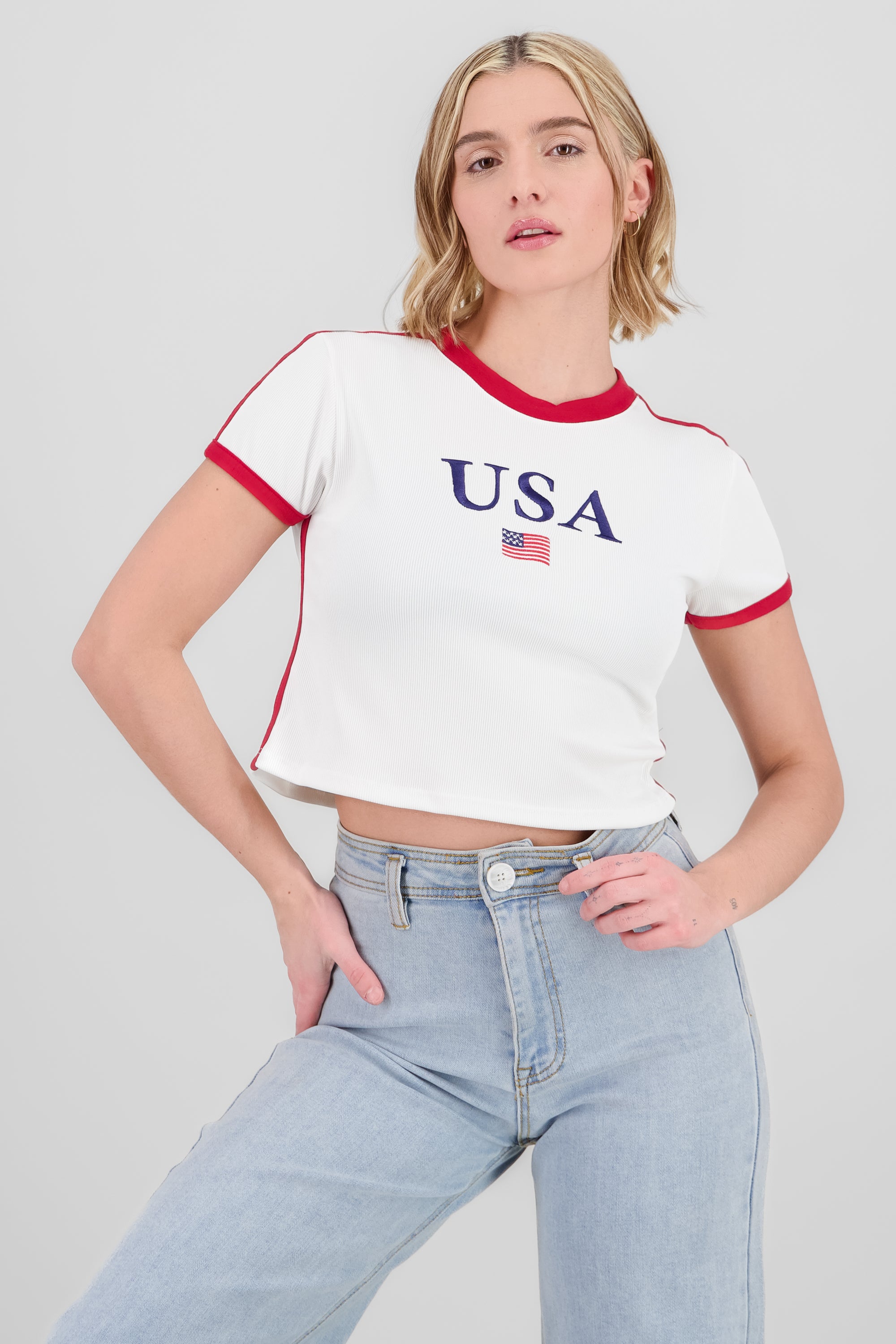 T-shirt con bordado usa y contraste BLANCO COMBO