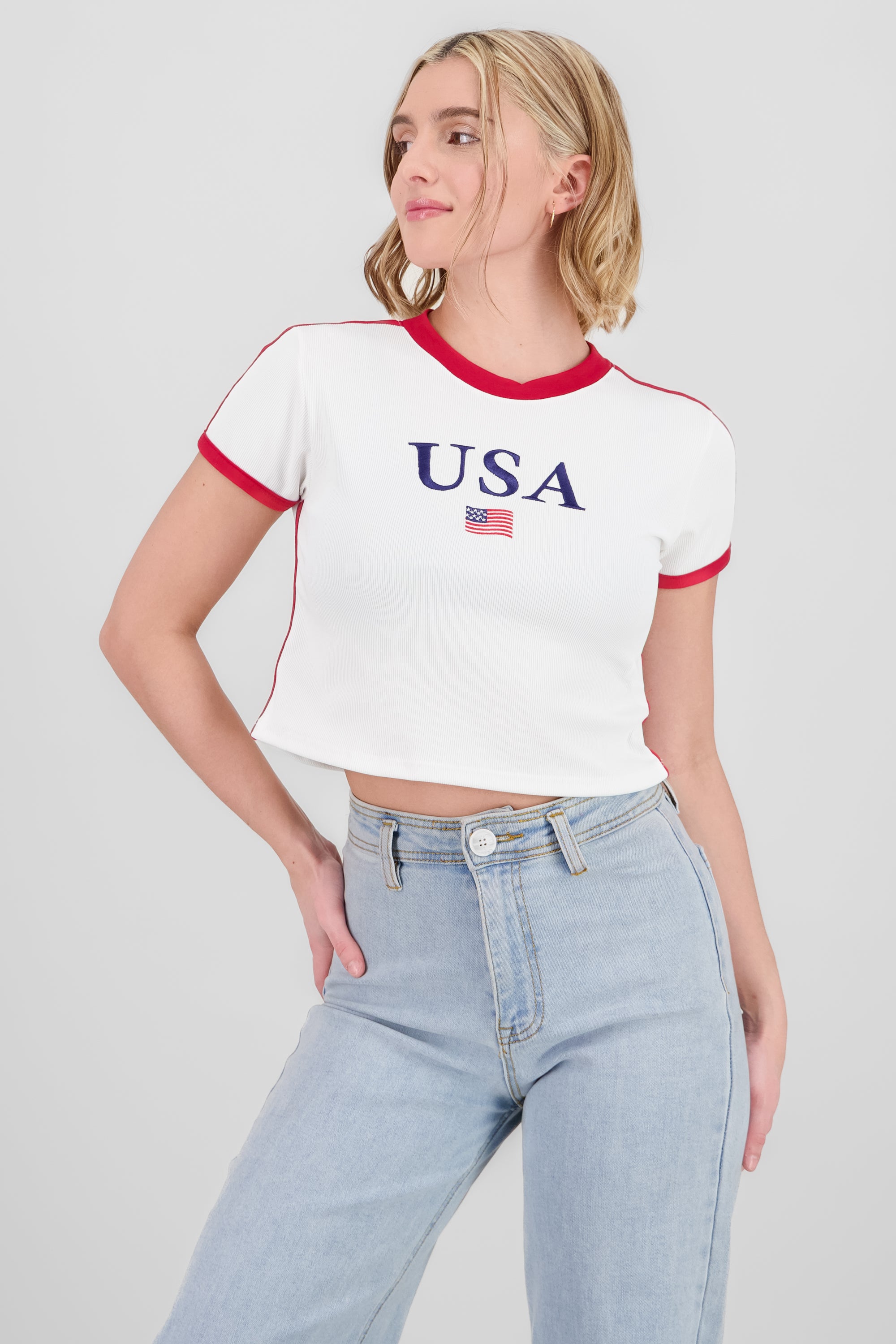 T-shirt con bordado usa y contraste BLANCO COMBO