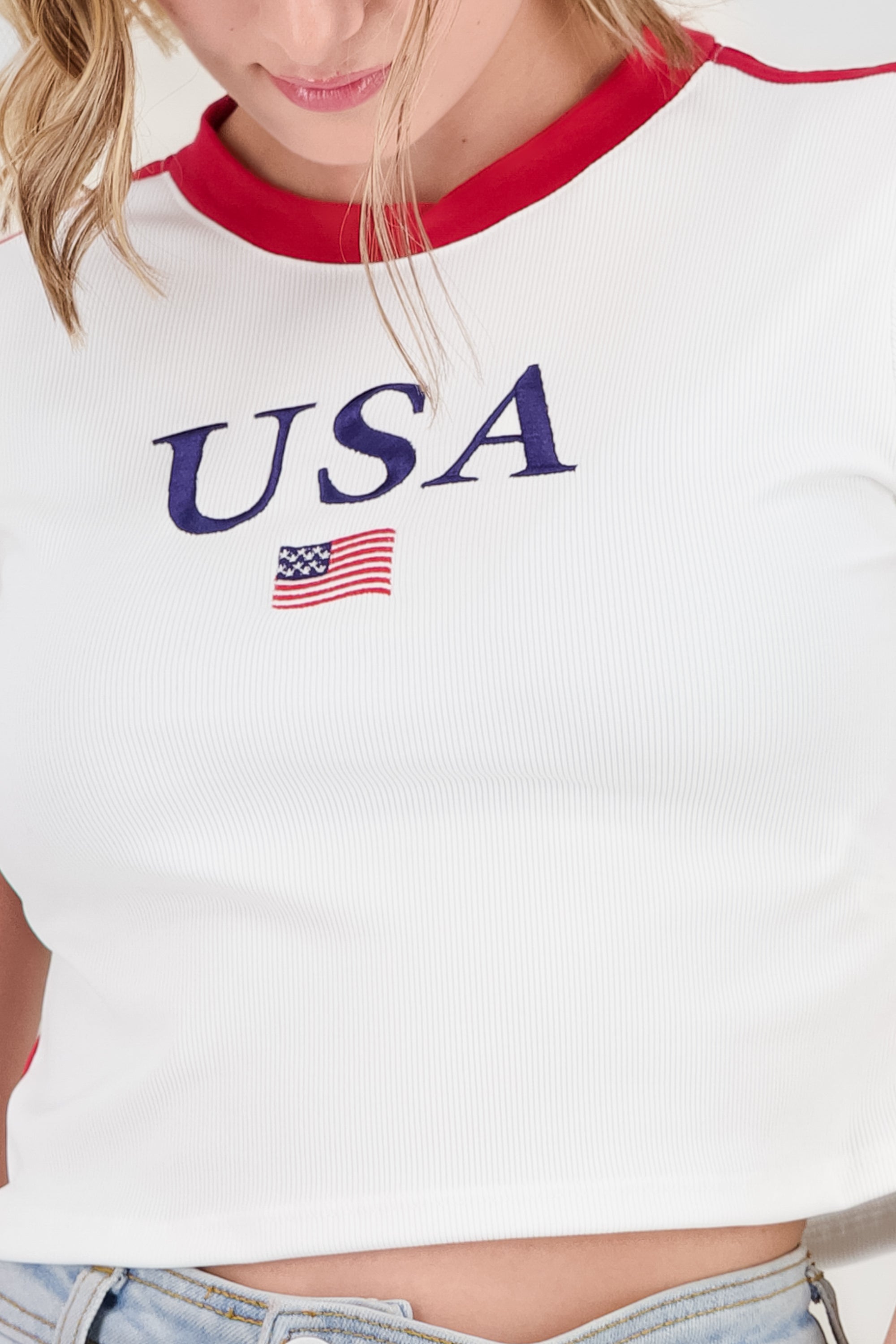 T-shirt con bordado usa y contraste BLANCO COMBO