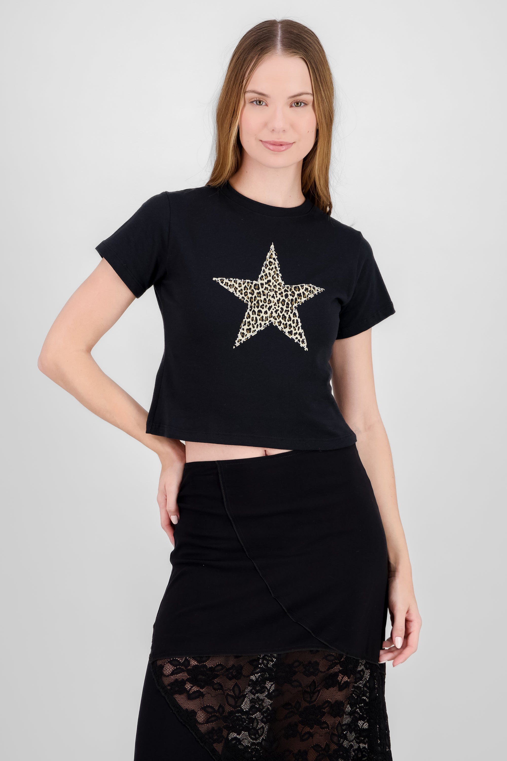 T-shirt con estampado de estrella animal print NEGRO COMBO