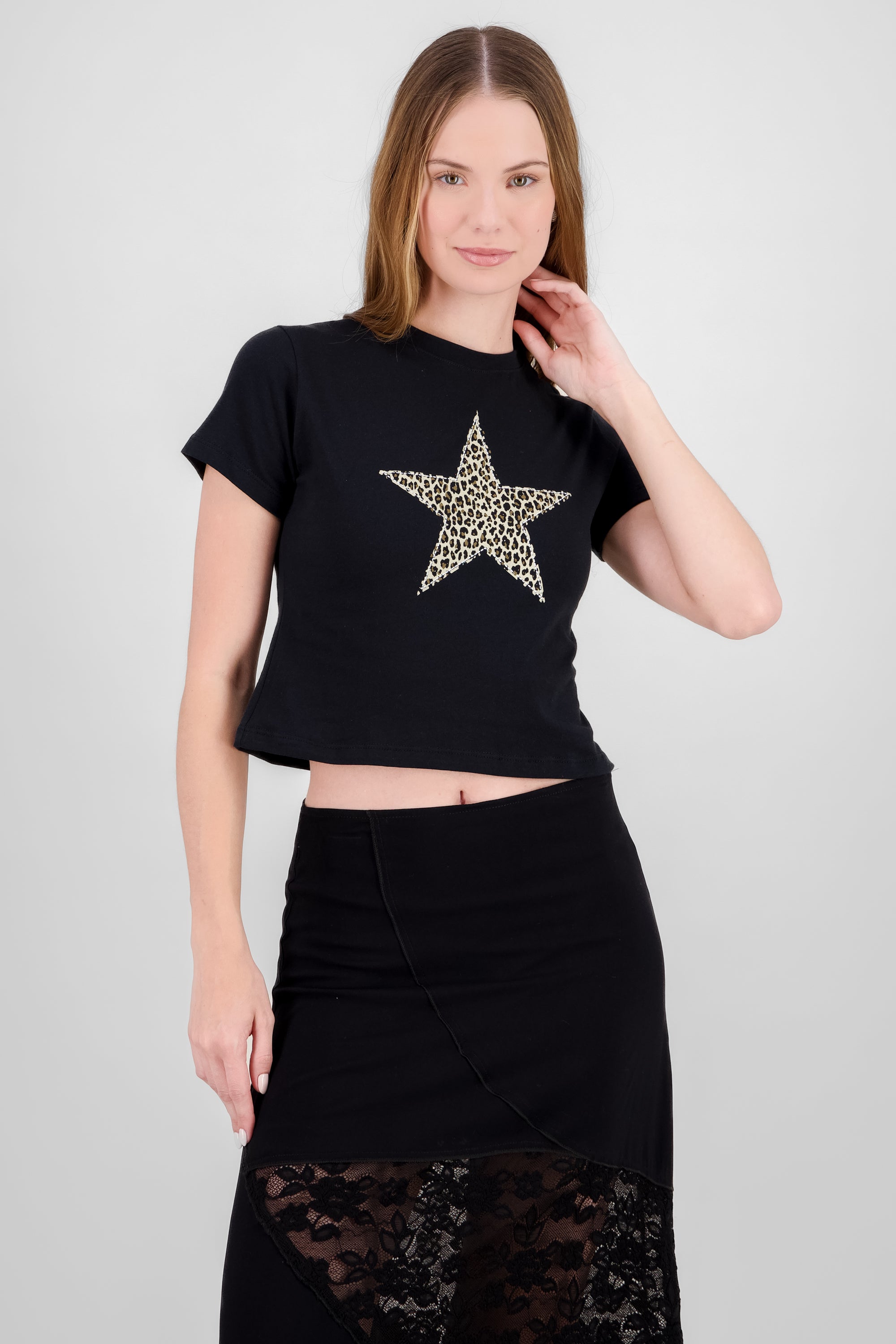 T-shirt con estampado de estrella animal print NEGRO COMBO