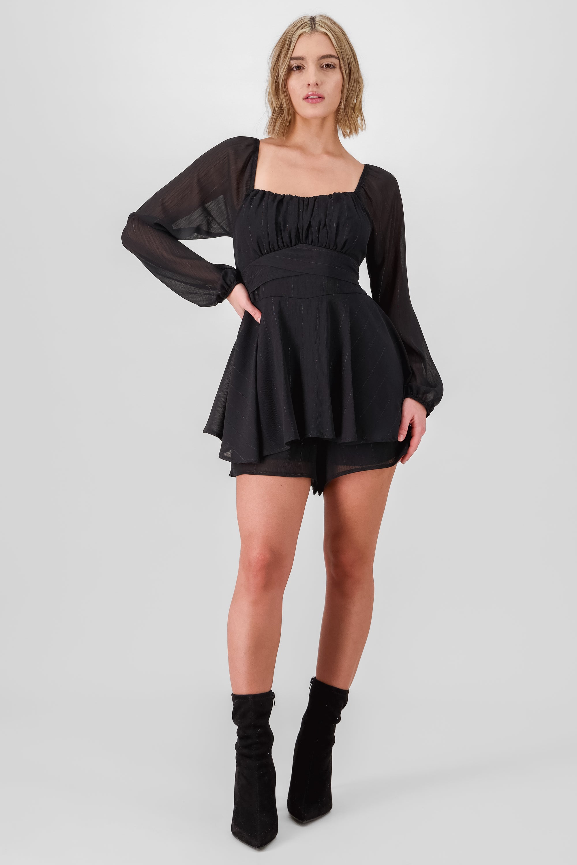 Vestido mini manga larga doble olan NEGRO