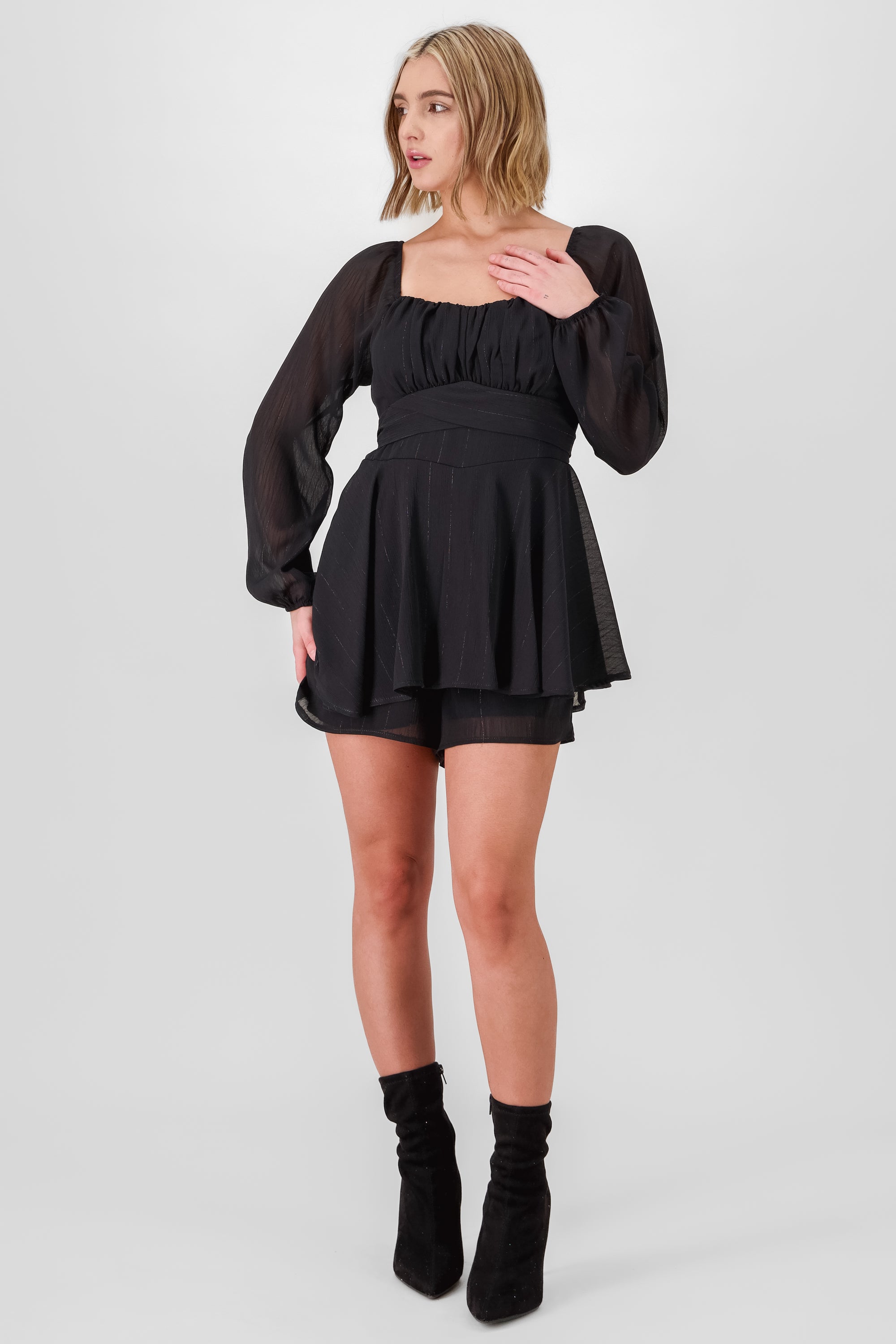 Vestido mini manga larga doble olan NEGRO