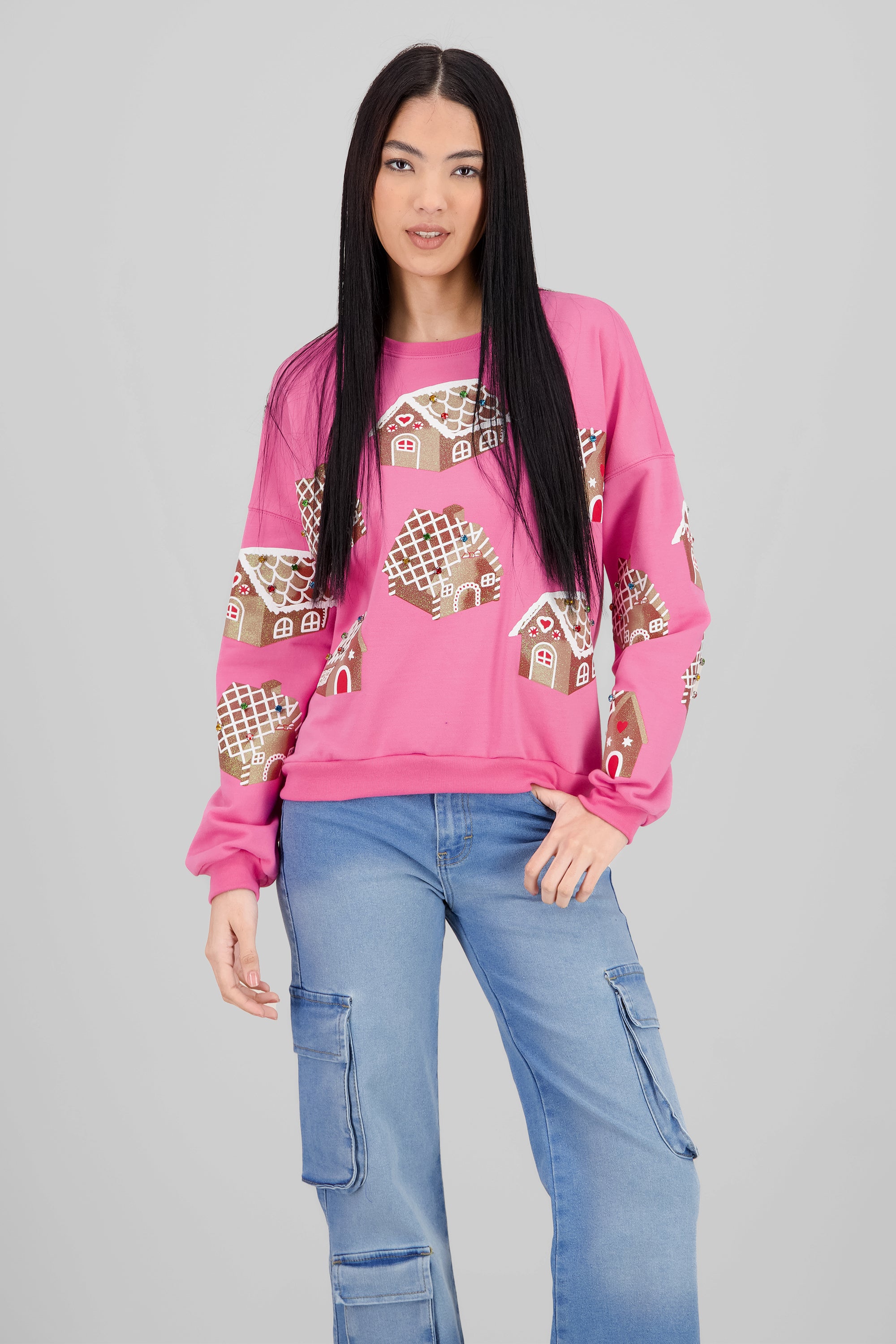 Sudadera casas jengibre detalle brillos ROSA