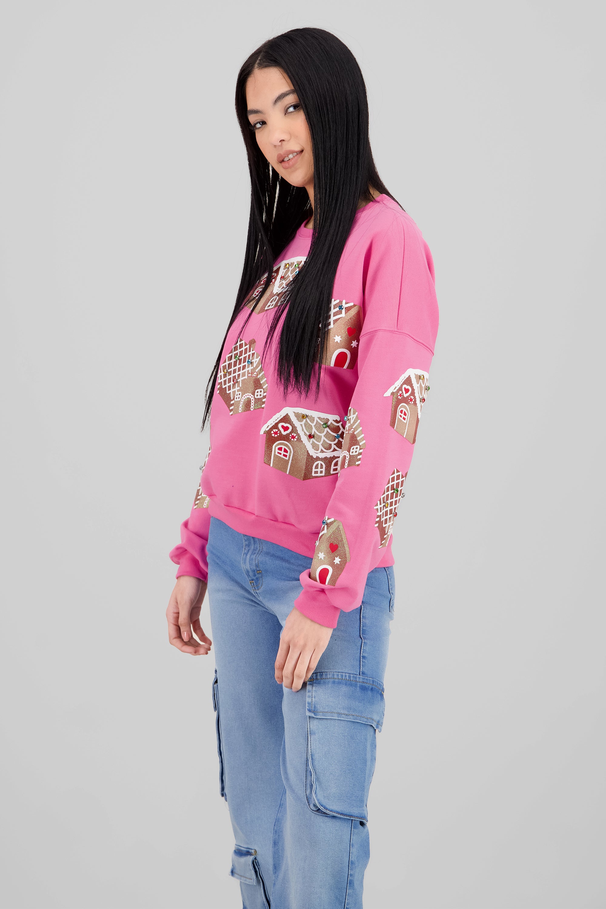 Sudadera casas jengibre detalle brillos ROSA