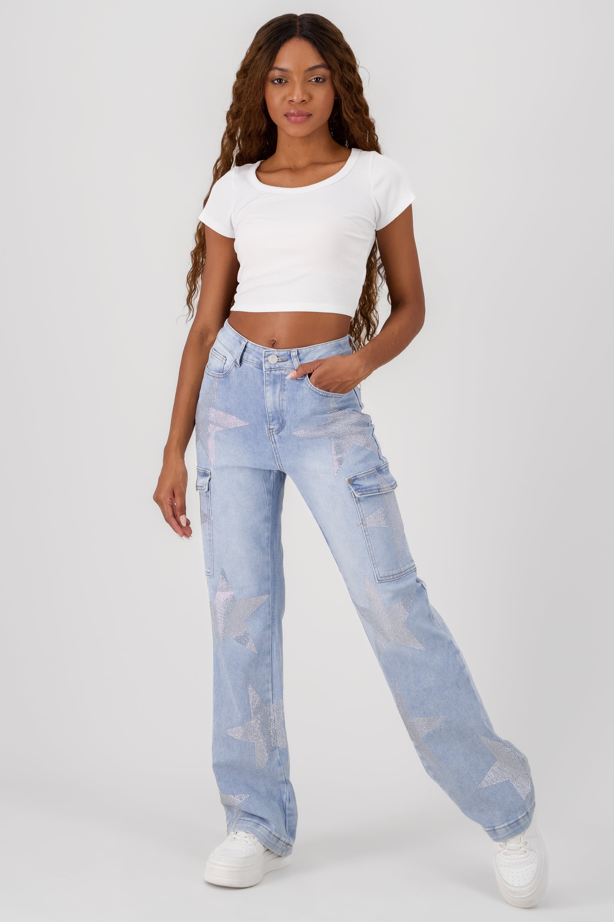 Jeans wide leg estrellas cargo LIGHT WASH