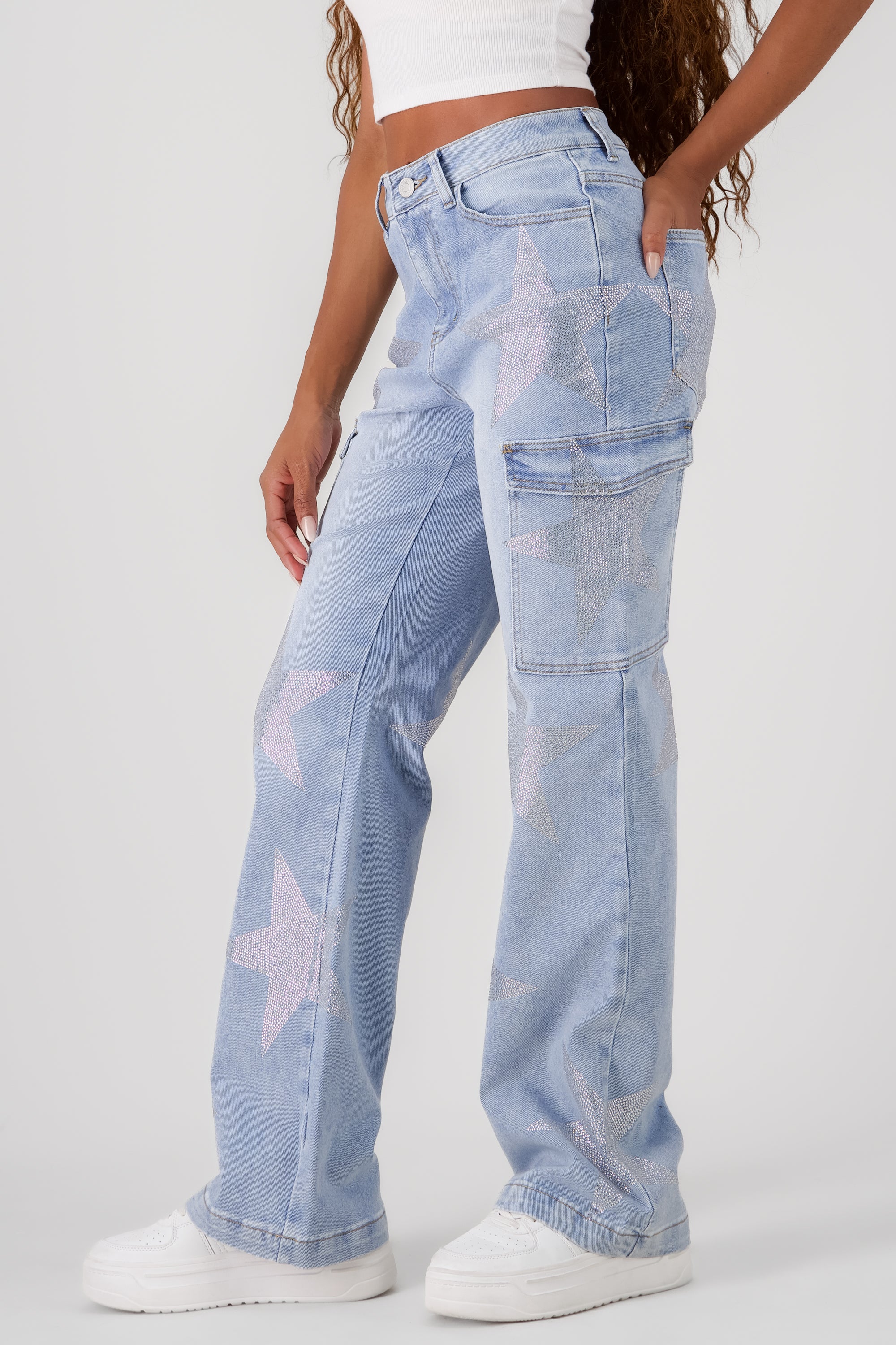 Jeans wide leg estrellas cargo LIGHT WASH