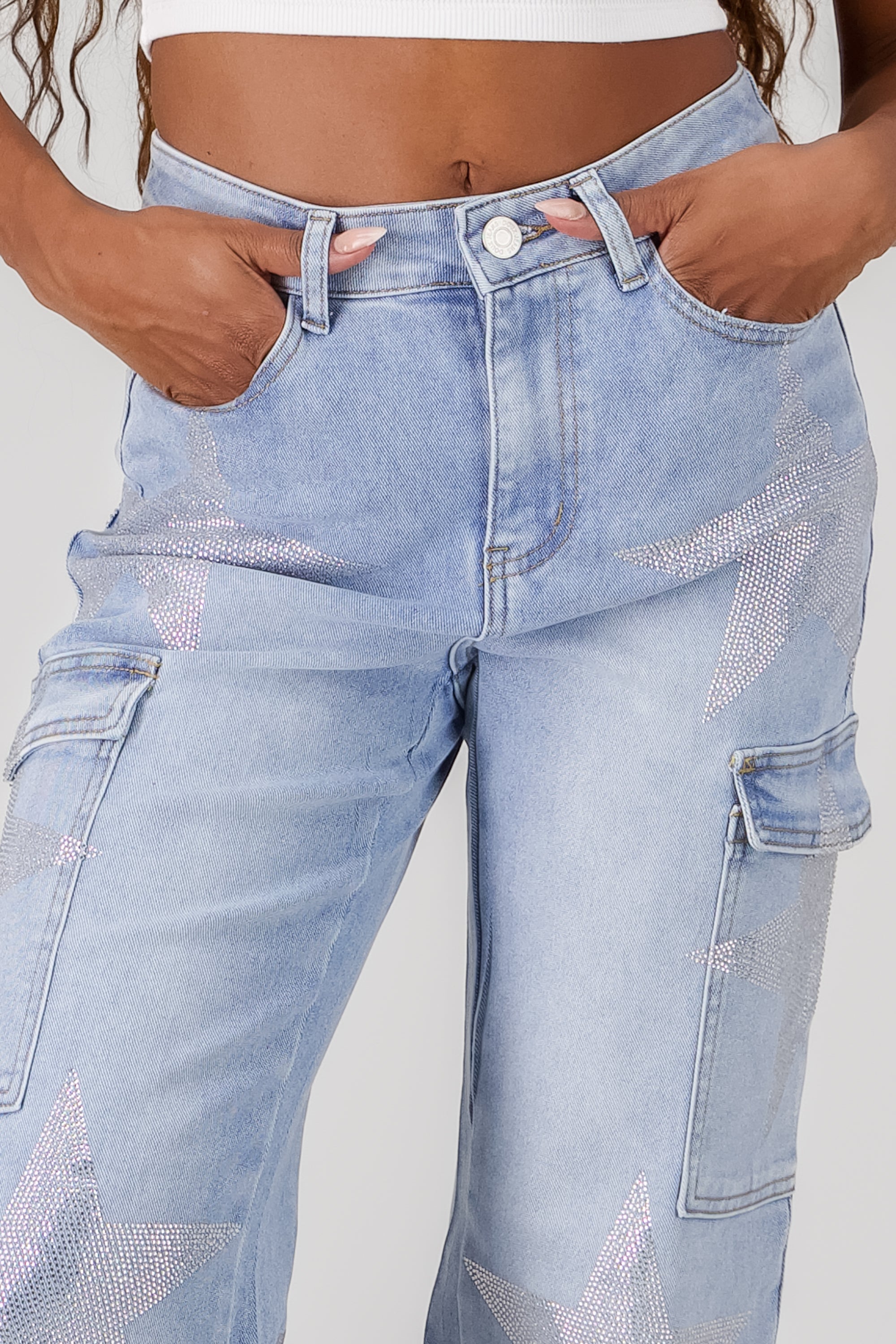 Jeans wide leg estrellas cargo LIGHT WASH