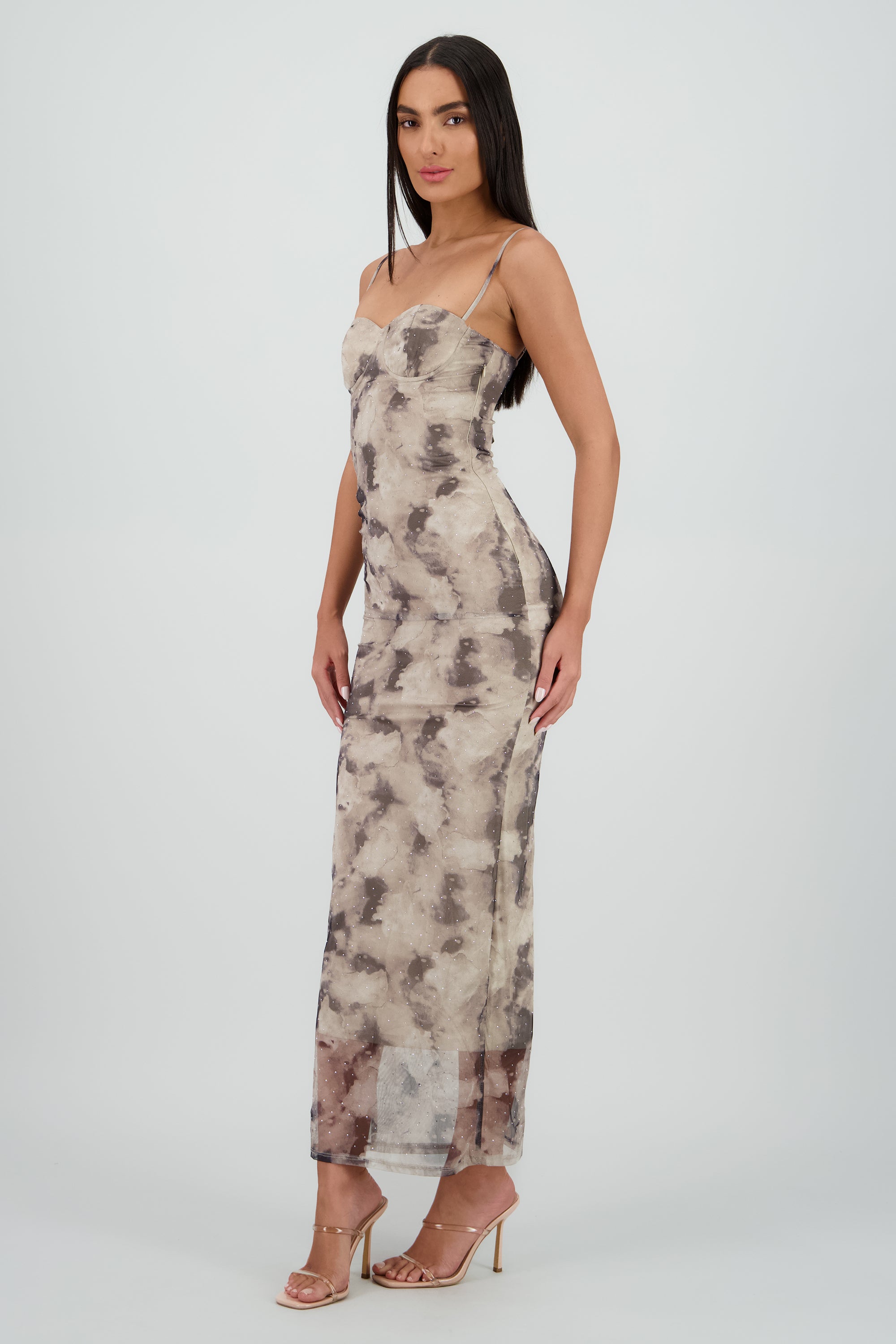 Vestido maxi detalle brillo GRIS COMBO