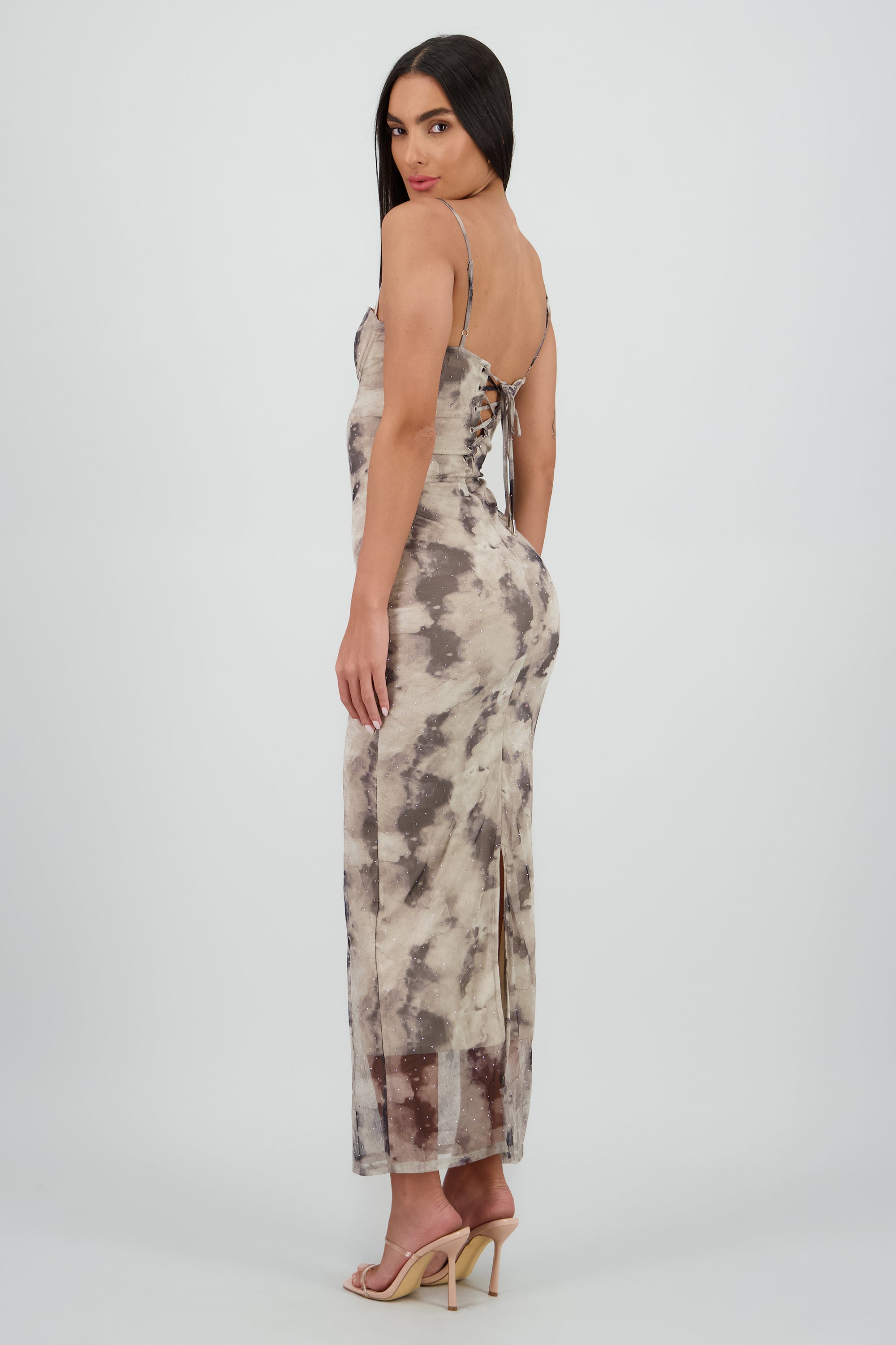Vestido maxi detalle brillo GRIS COMBO