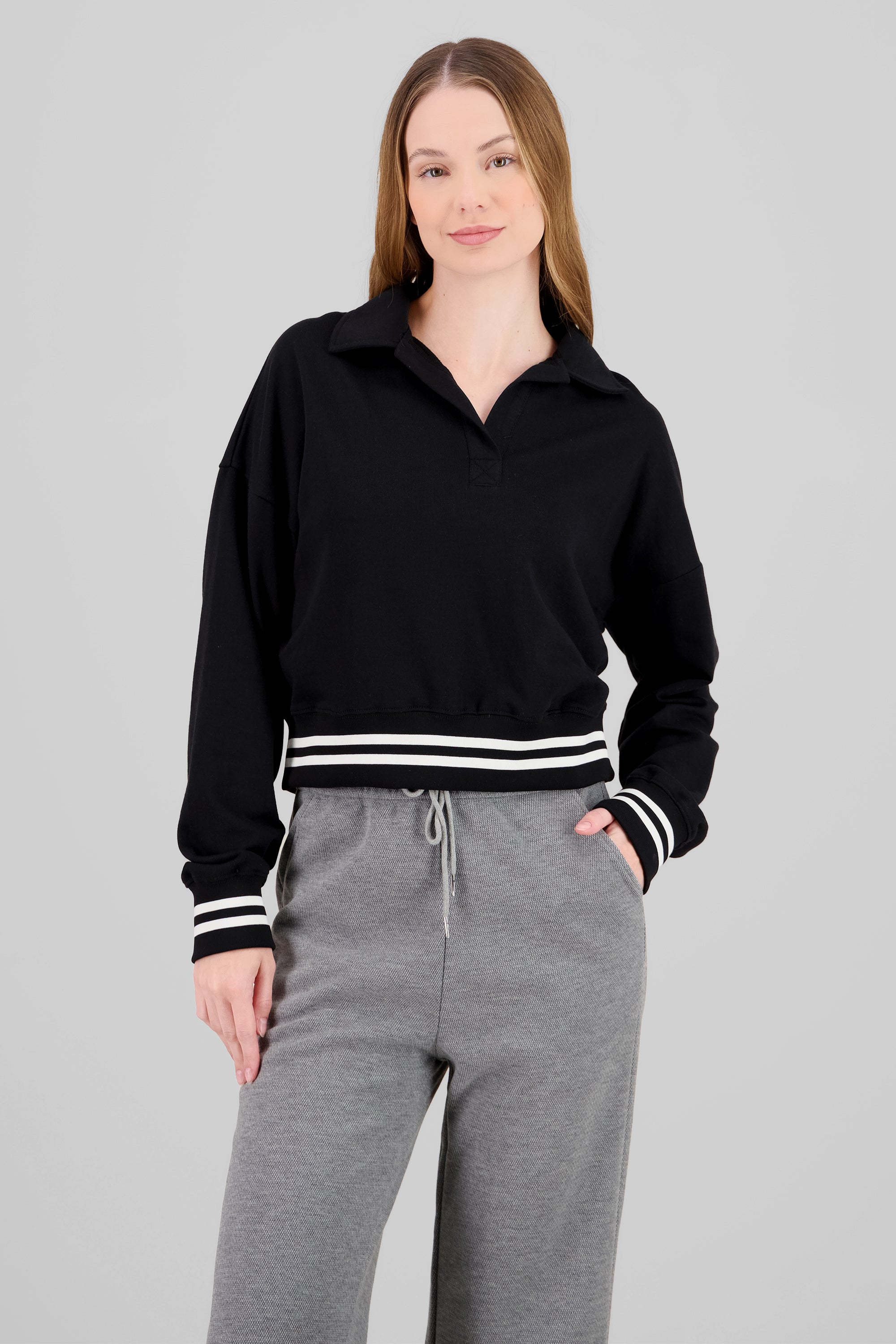 Sudadera con cuello polo y rayas deportivas NEGRO