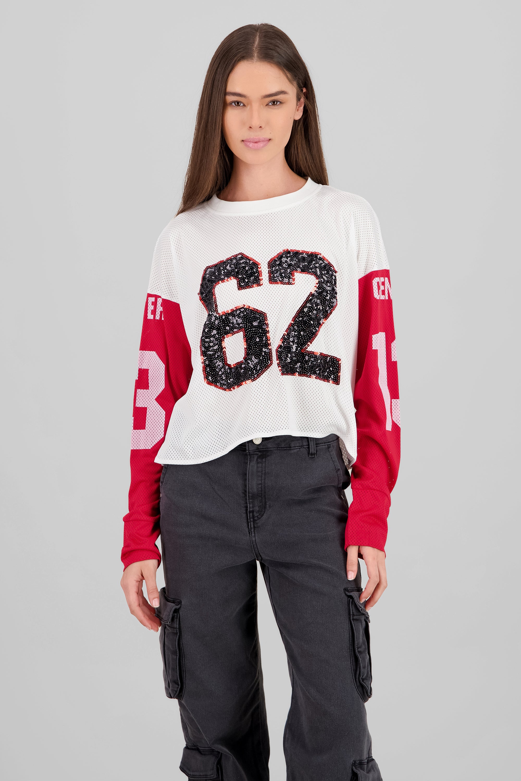 Playera deportiva con lentejuelas en los numeros ROJO COMBO
