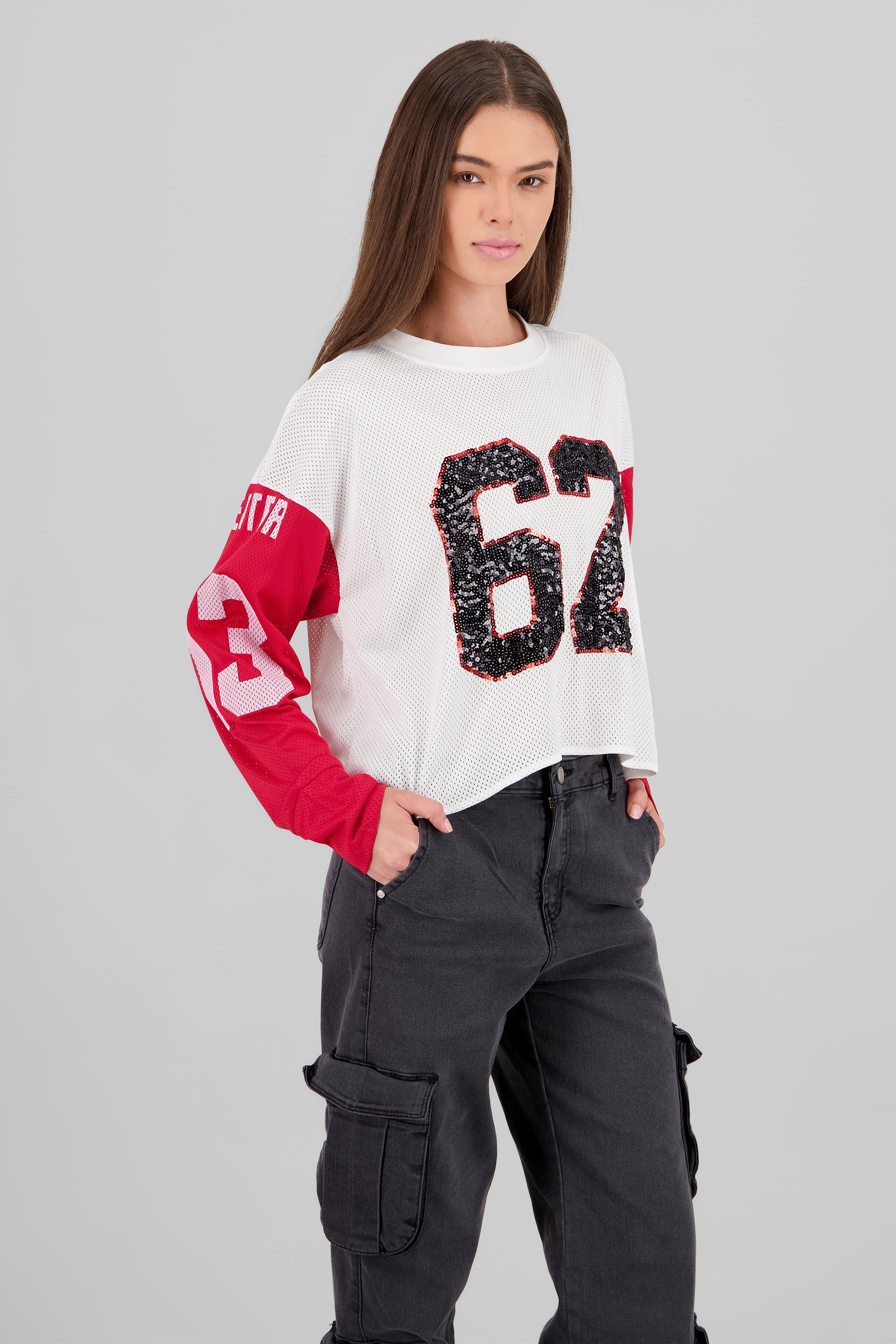 Playera deportiva con lentejuelas en los numeros ROJO COMBO