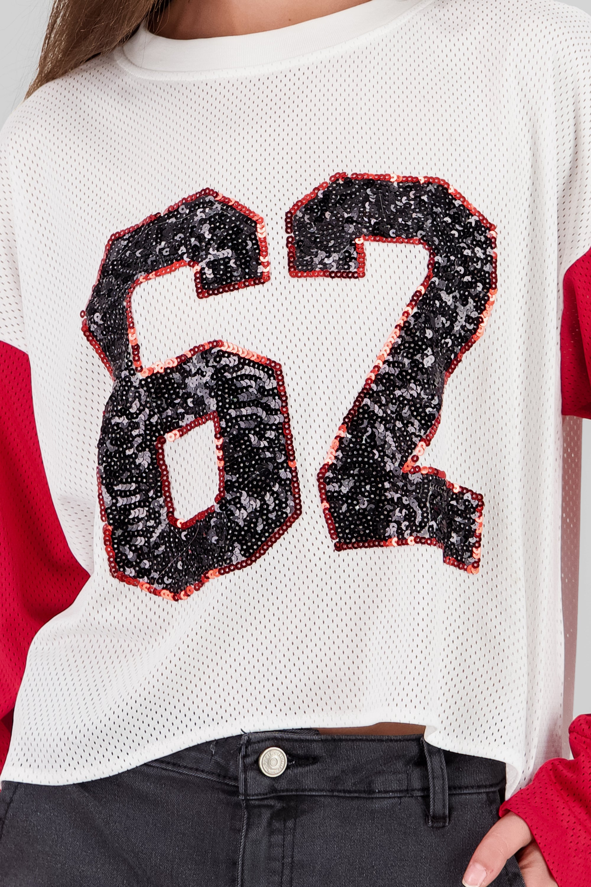 Playera deportiva con lentejuelas en los numeros ROJO COMBO